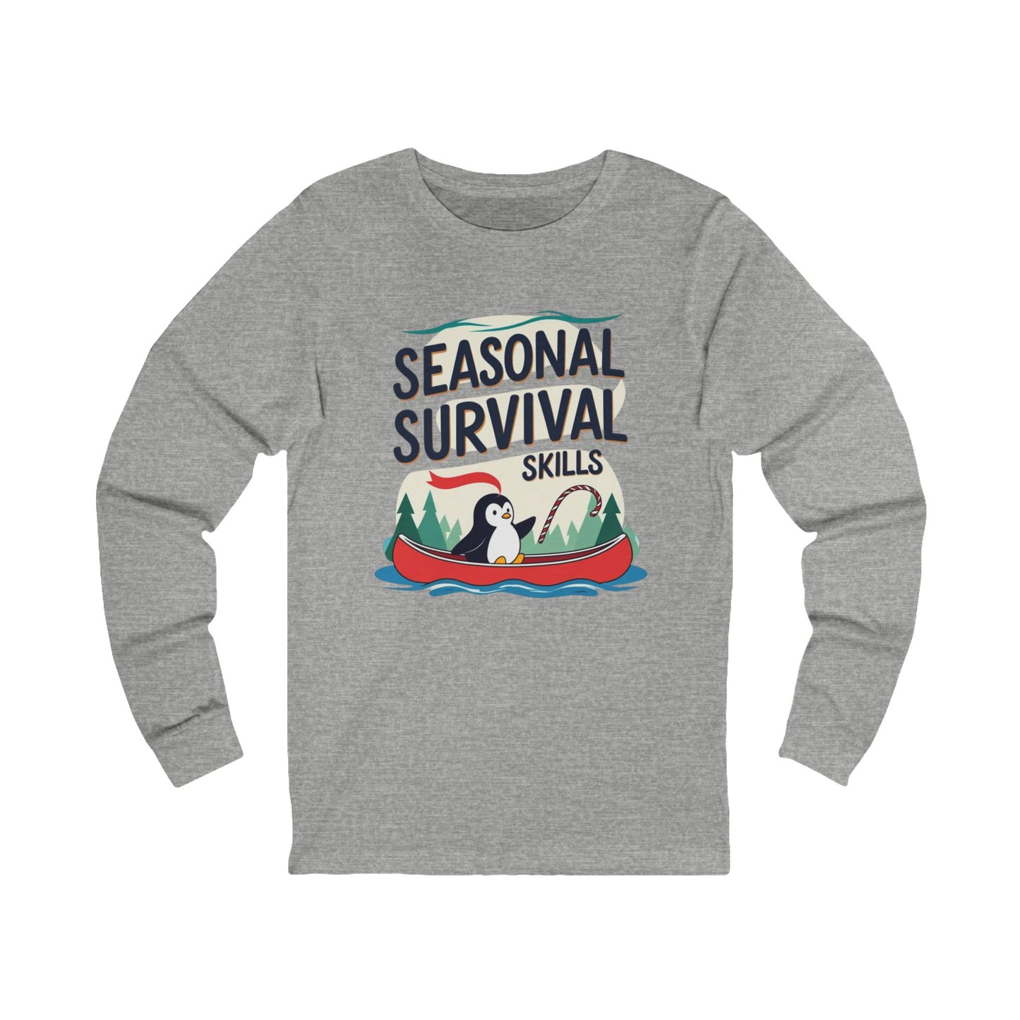Gray long-sleeve shirt with 'Seasonal Survival Skills' graphic on a white background