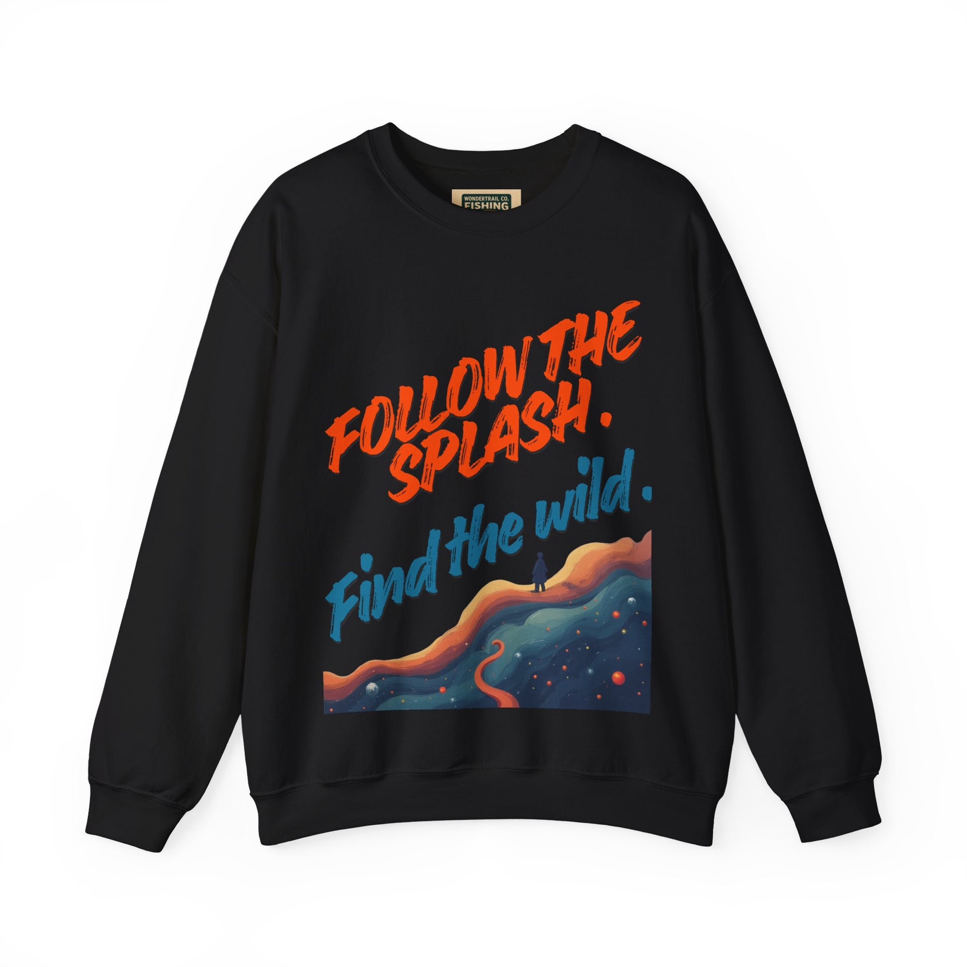 Black sweatshirt with colorful graphic and text on a white background