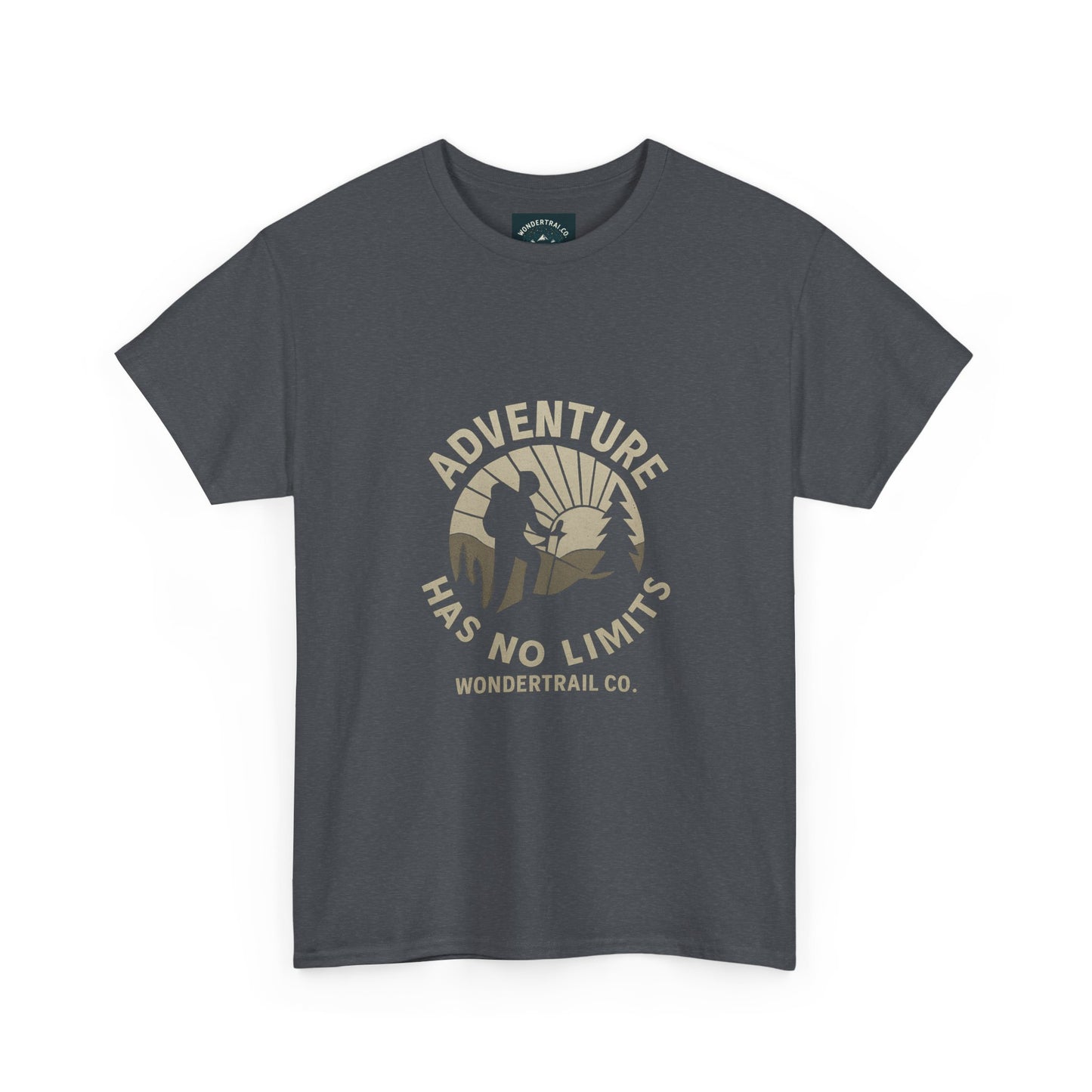 Gray t-shirt with 'Adventure Has No Limits' graphic and Wondertrail Co. text on a white background