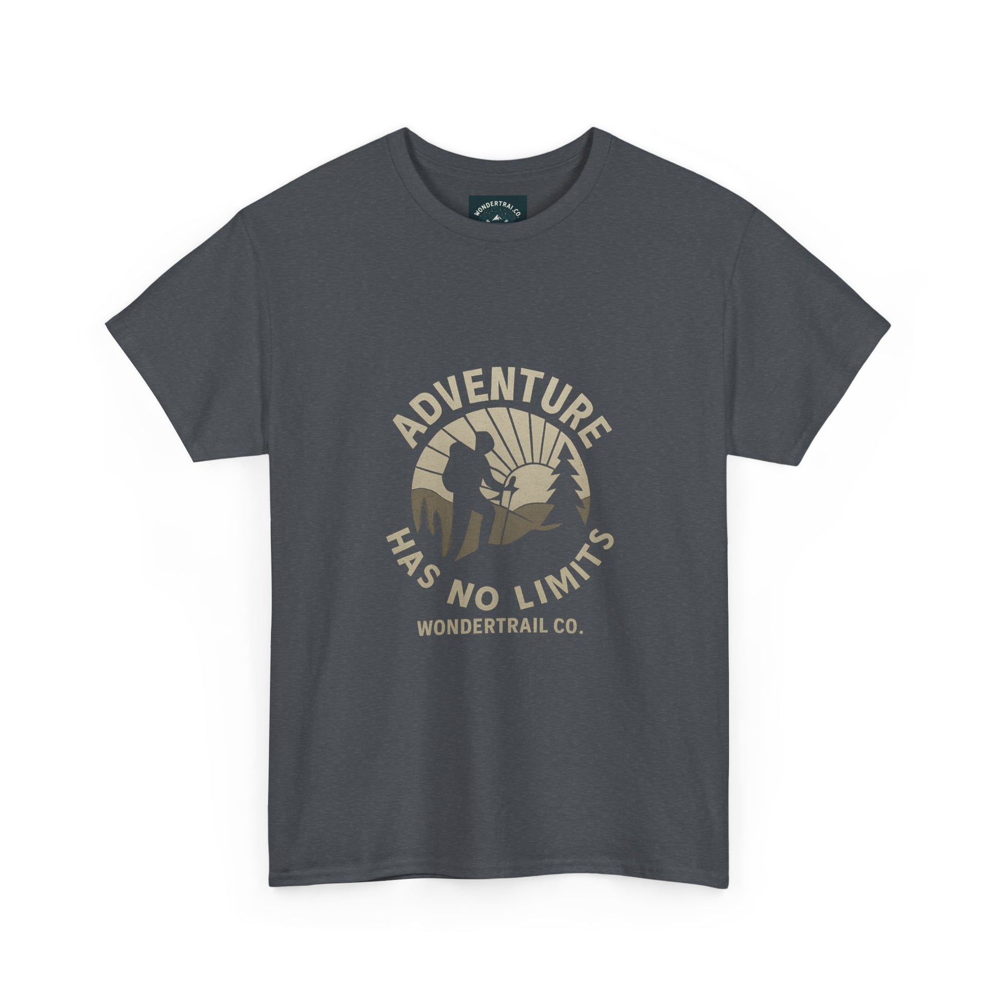 Gray t-shirt with 'Adventure Has No Limits' graphic and Wondertrail Co. text on a white background