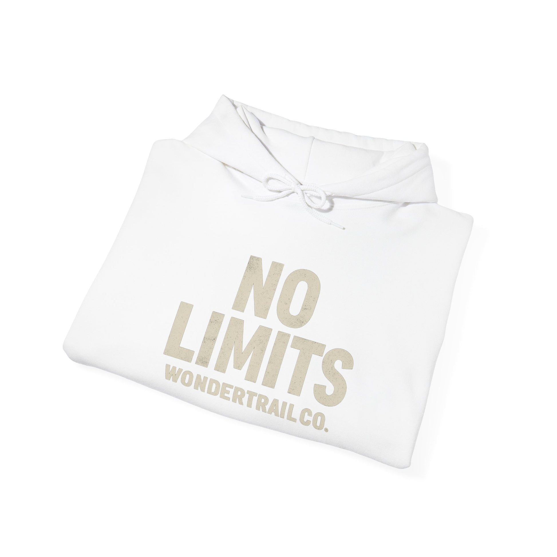 White hoodie with 'No Limits' text on a white background