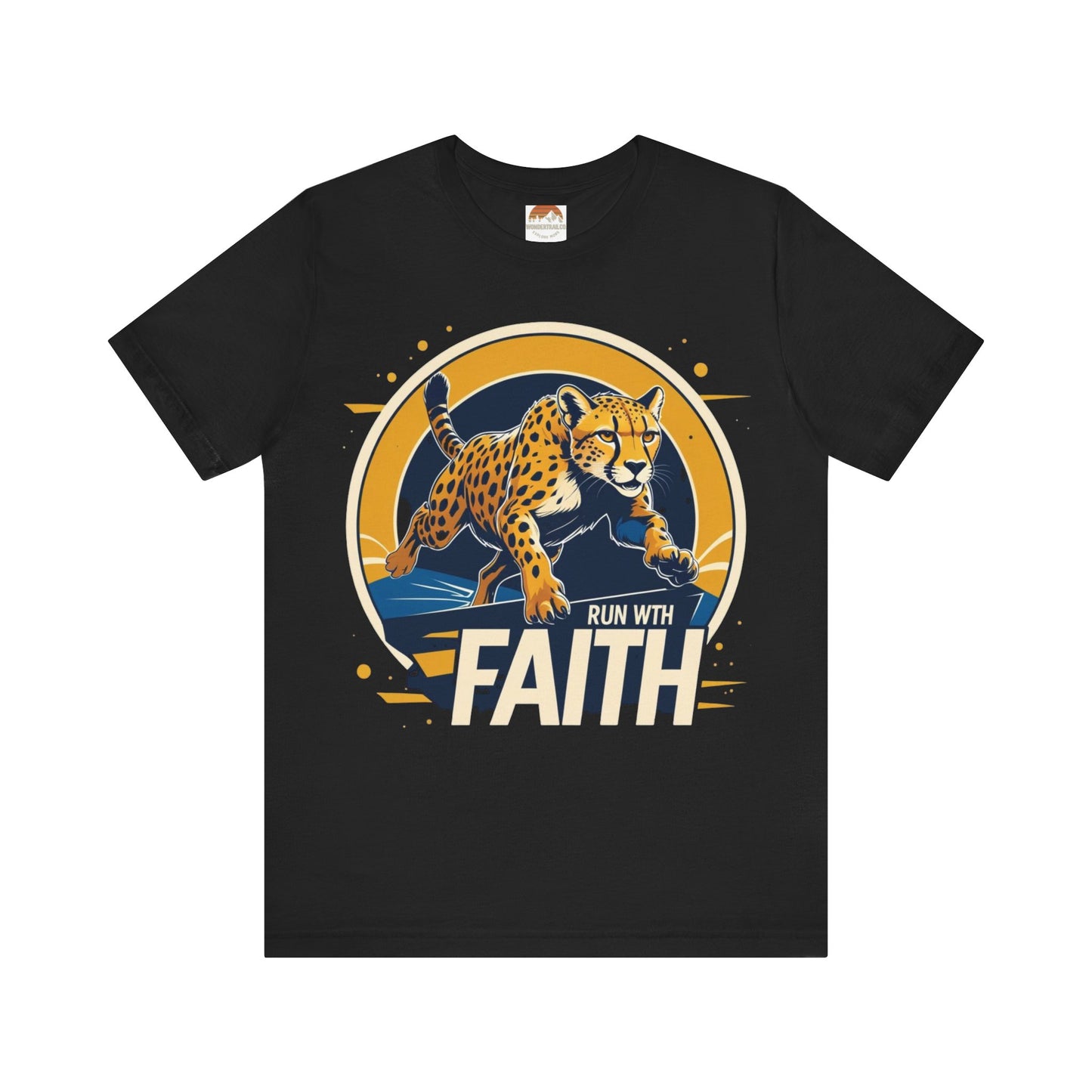 Black t-shirt with a cheetah graphic and 'Run with Faith' text on a white background