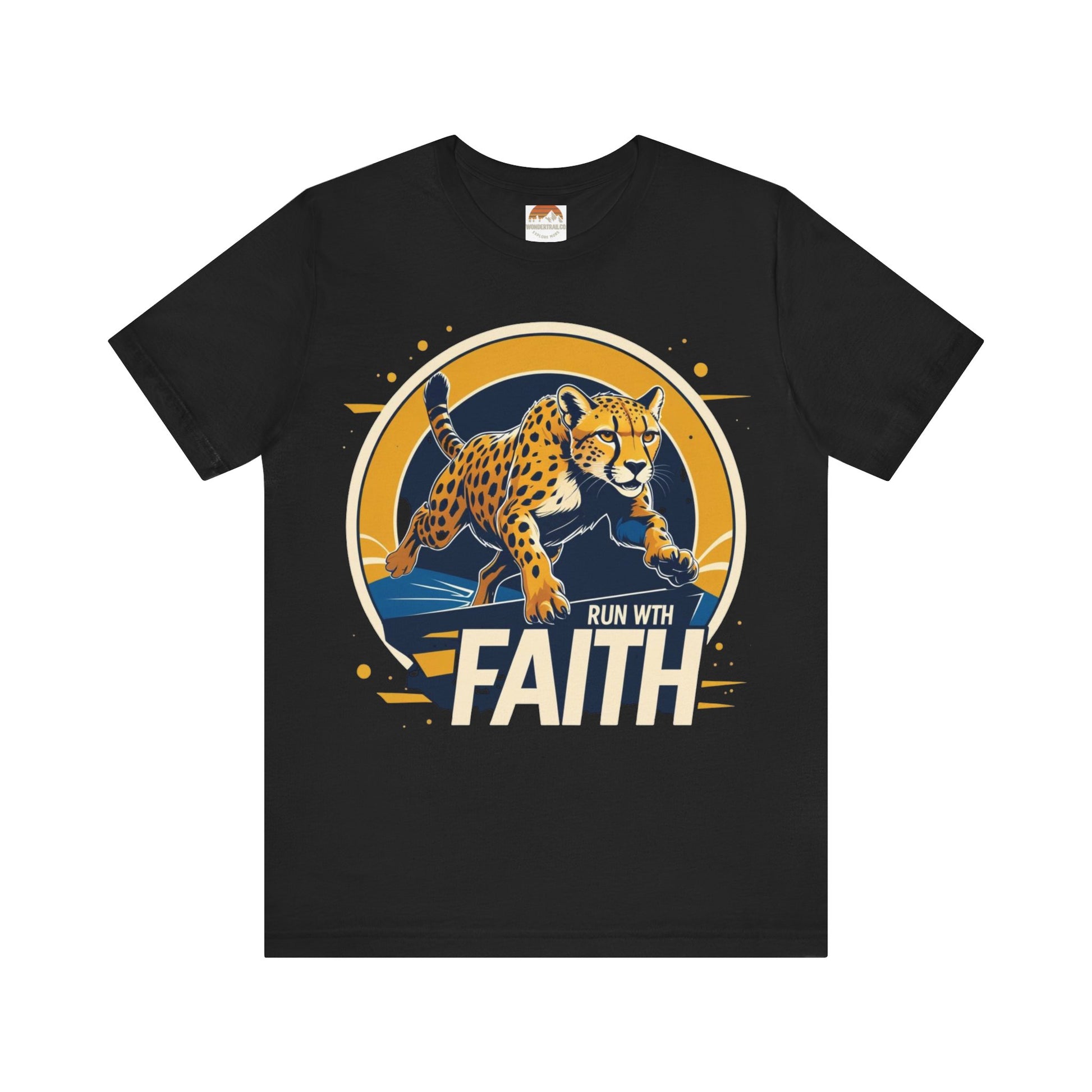 Black t-shirt with a cheetah graphic and 'Run with Faith' text on a white background