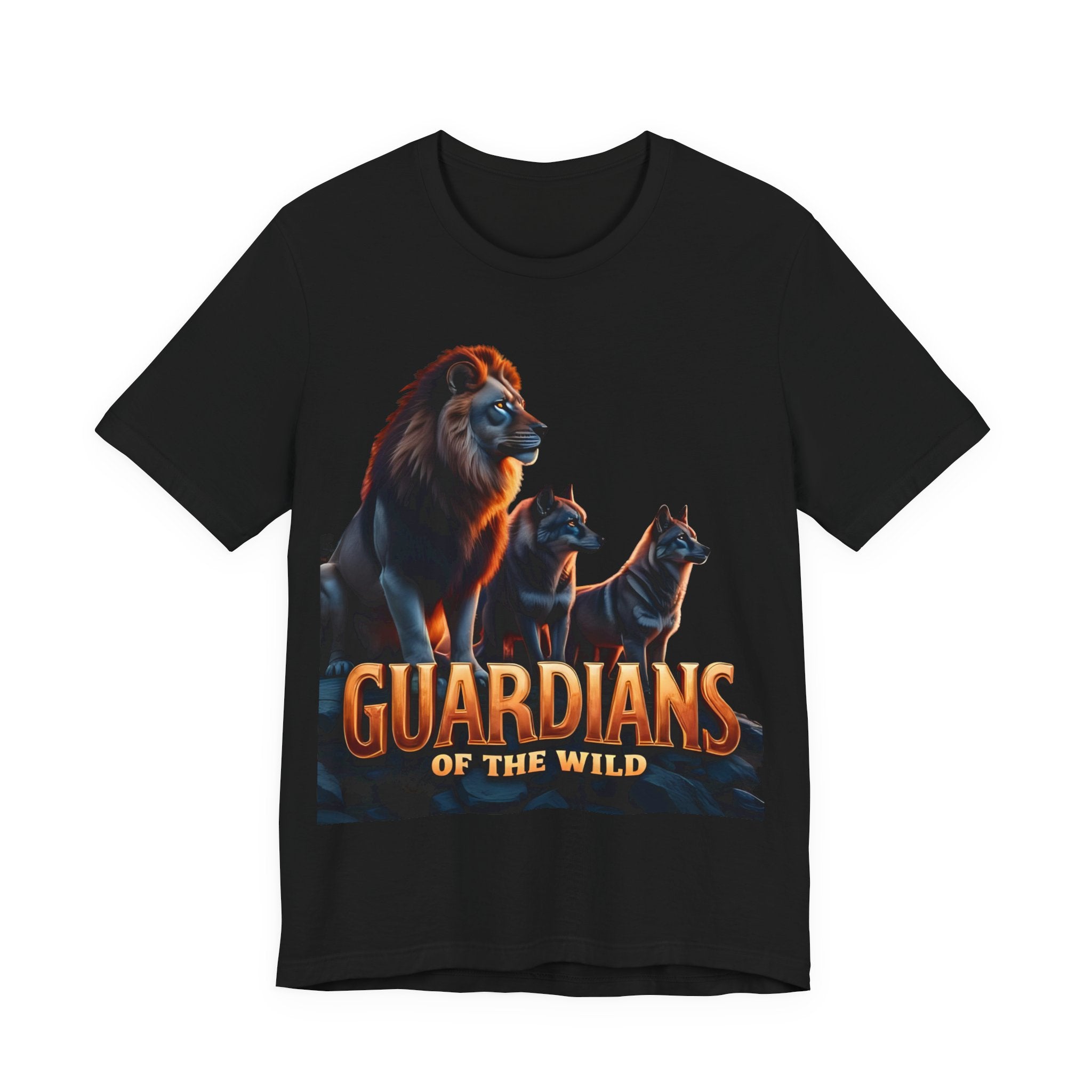 Black t-shirt with 'Guardians of the Wild' design featuring lions on a white background