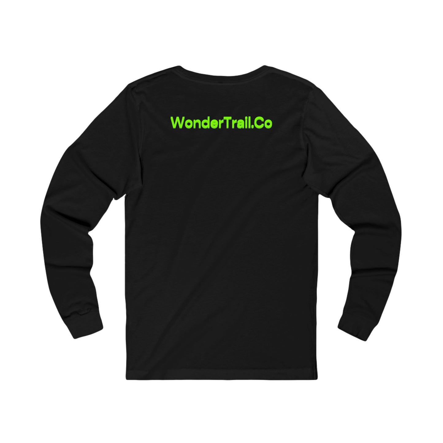 Black long-sleeve shirt with 'WonderTrail.Co' text on a white background