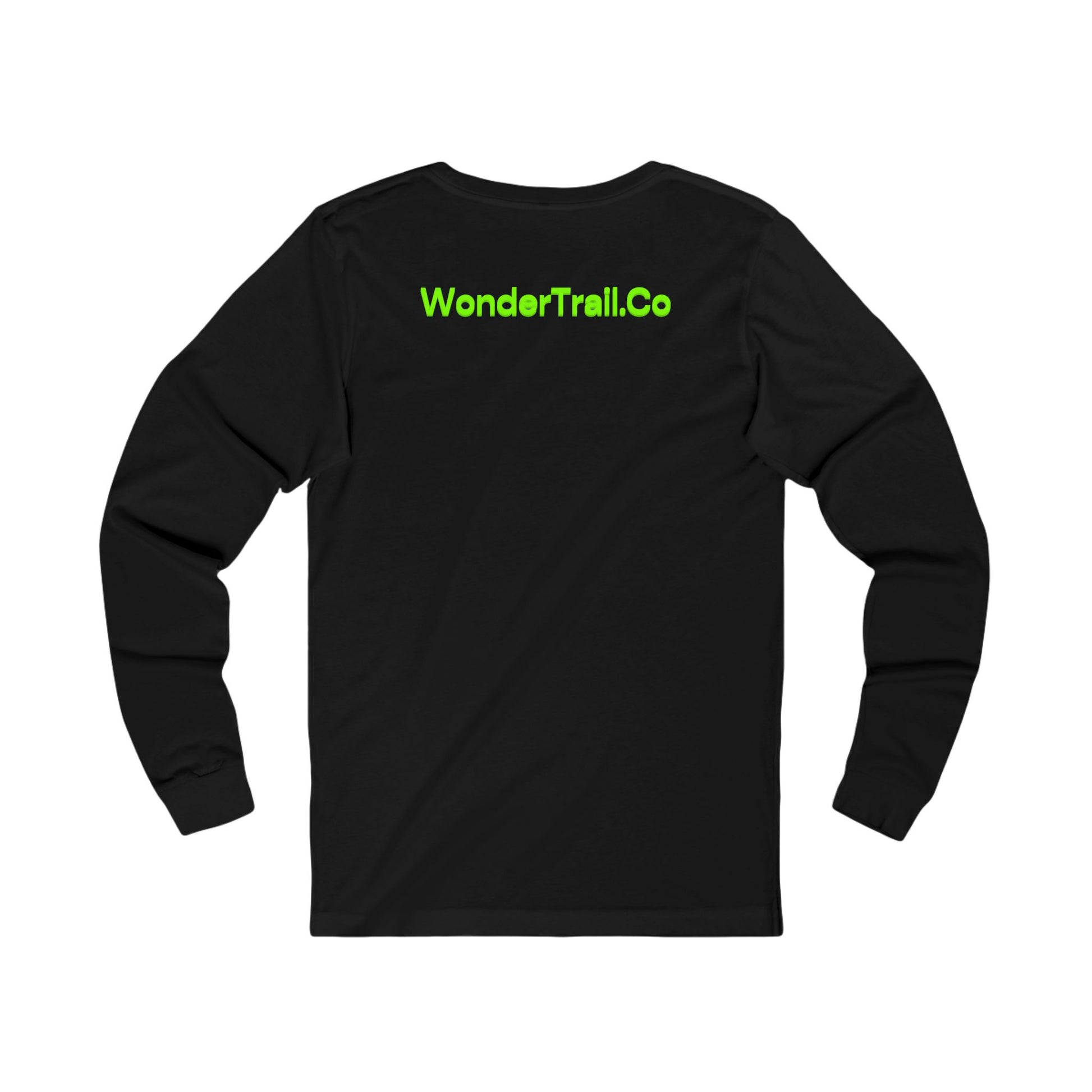 Black long-sleeve shirt with 'WonderTrail.Co' text on a white background