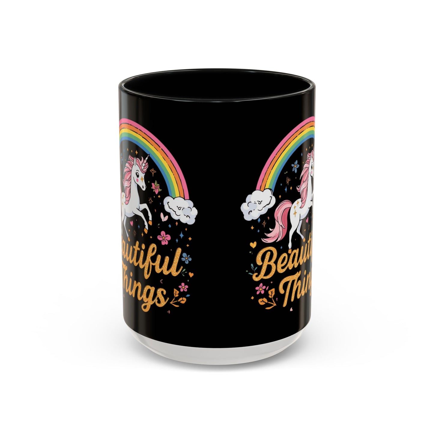 Black mug with unicorn and rainbow design on a white background