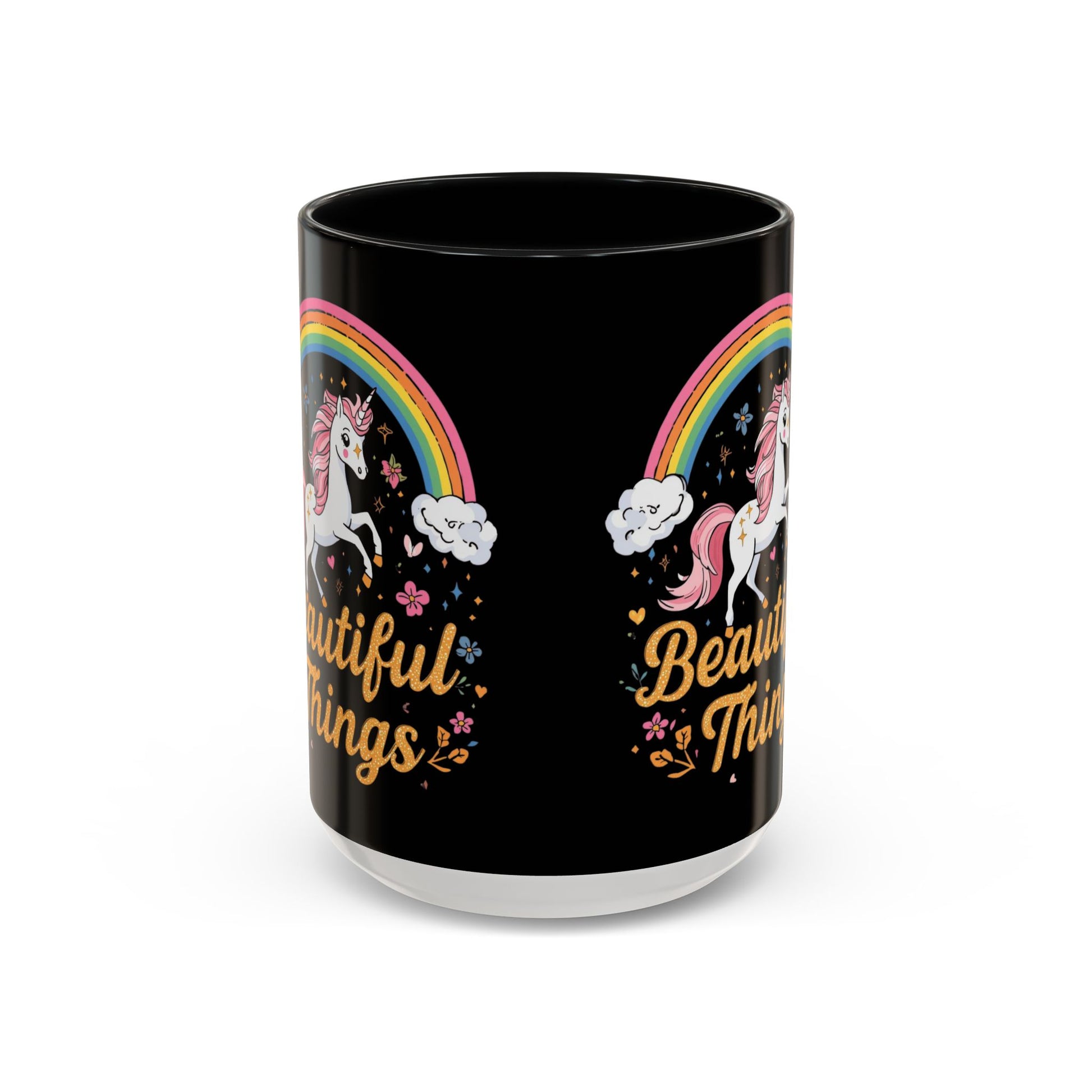 Black mug with unicorn and rainbow design on a white background