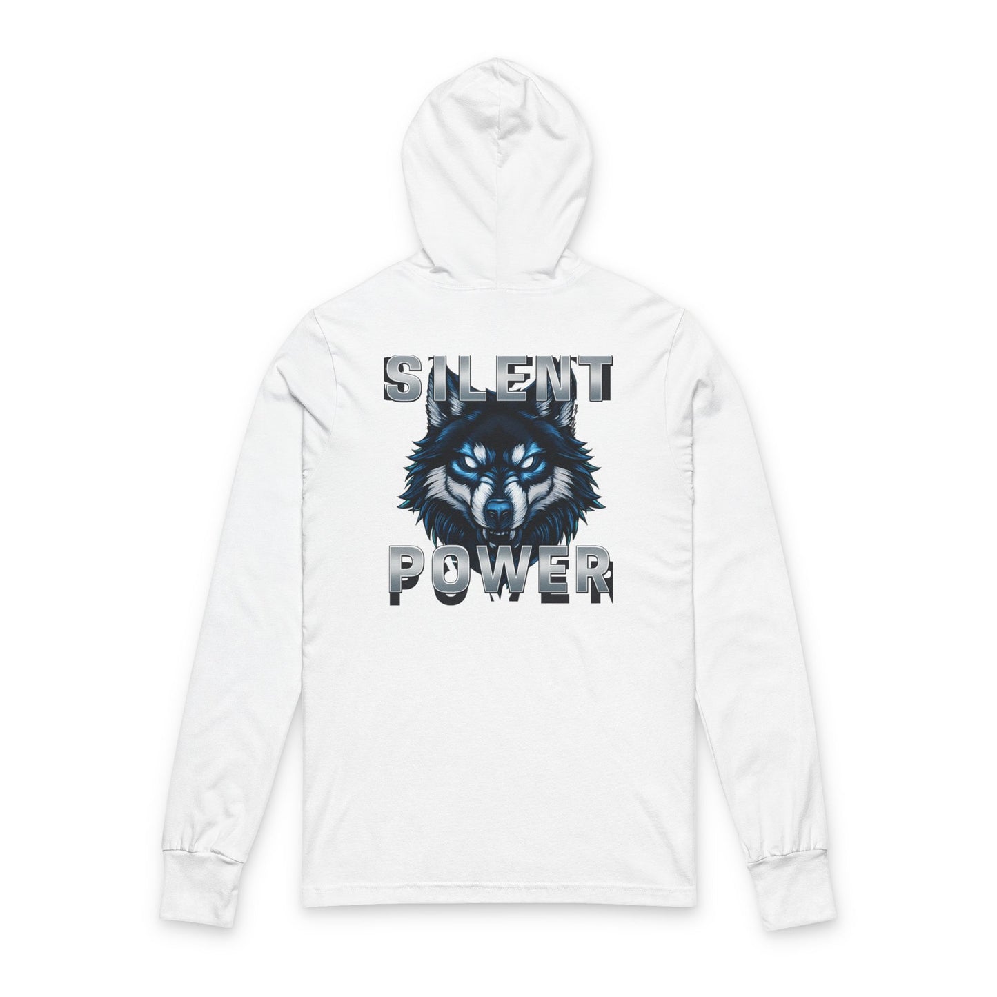 White hoodie with wolf graphic and 'Silent Power' text on a white background