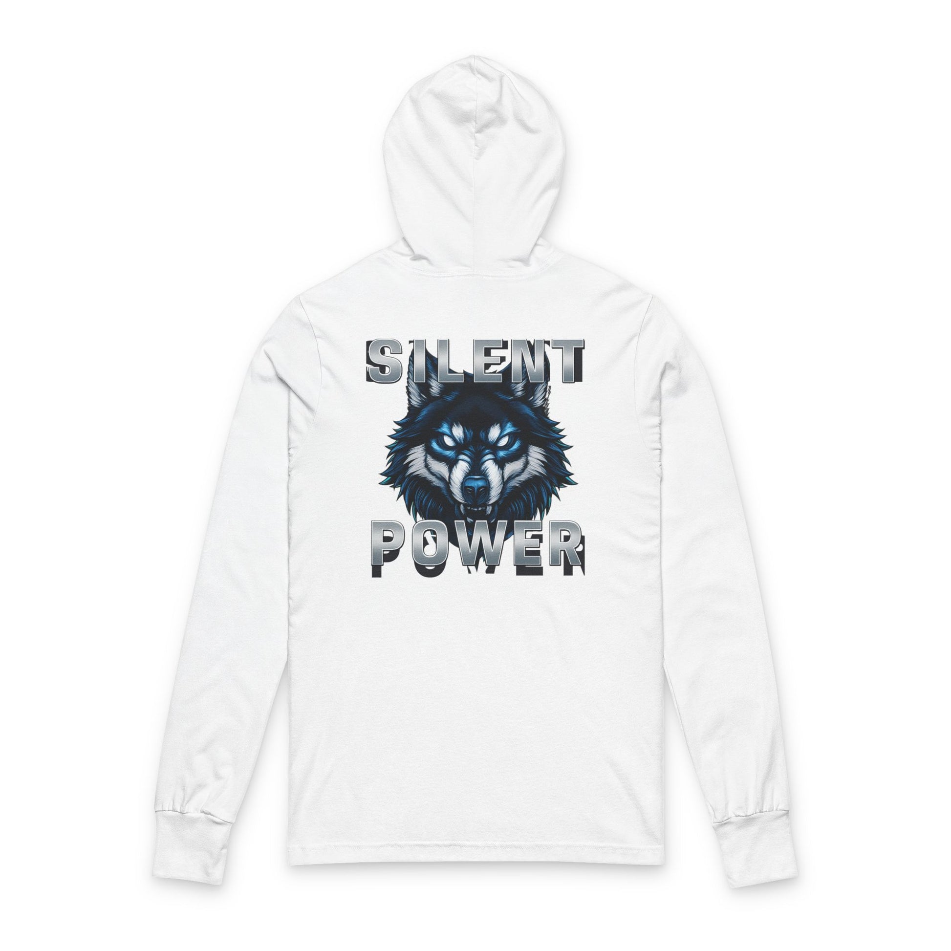 White hoodie with wolf graphic and 'Silent Power' text on a white background