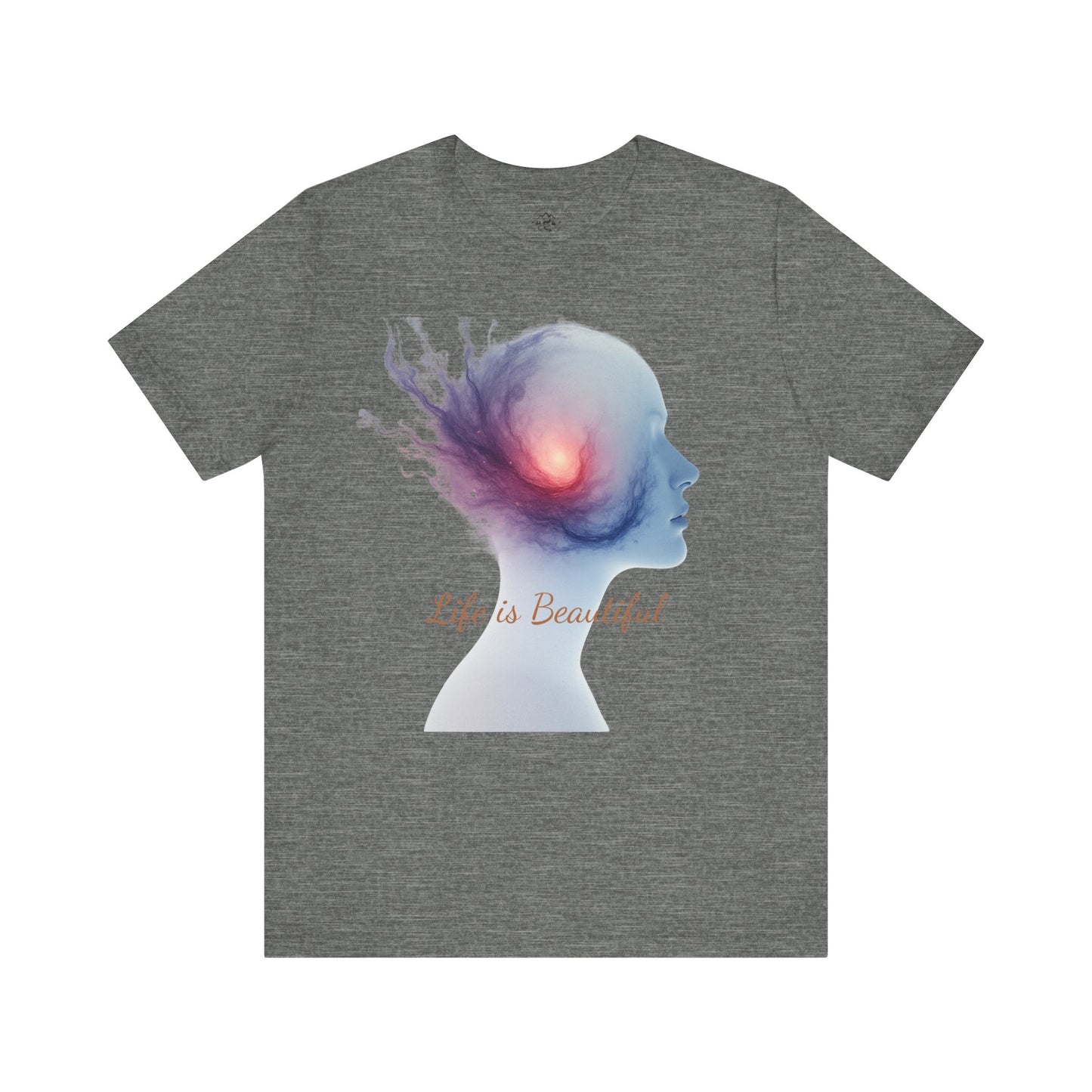 Gray t-shirt with a colorful graphic of a silhouette of a head and 'Life is Beautiful' text on a white background