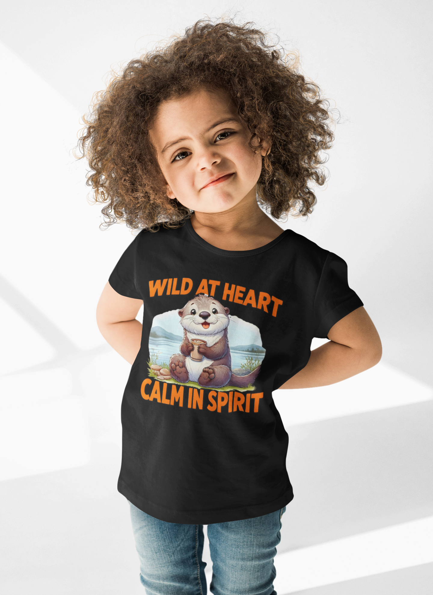 Child wearing a black t-shirt with an otter graphic and text on a white background