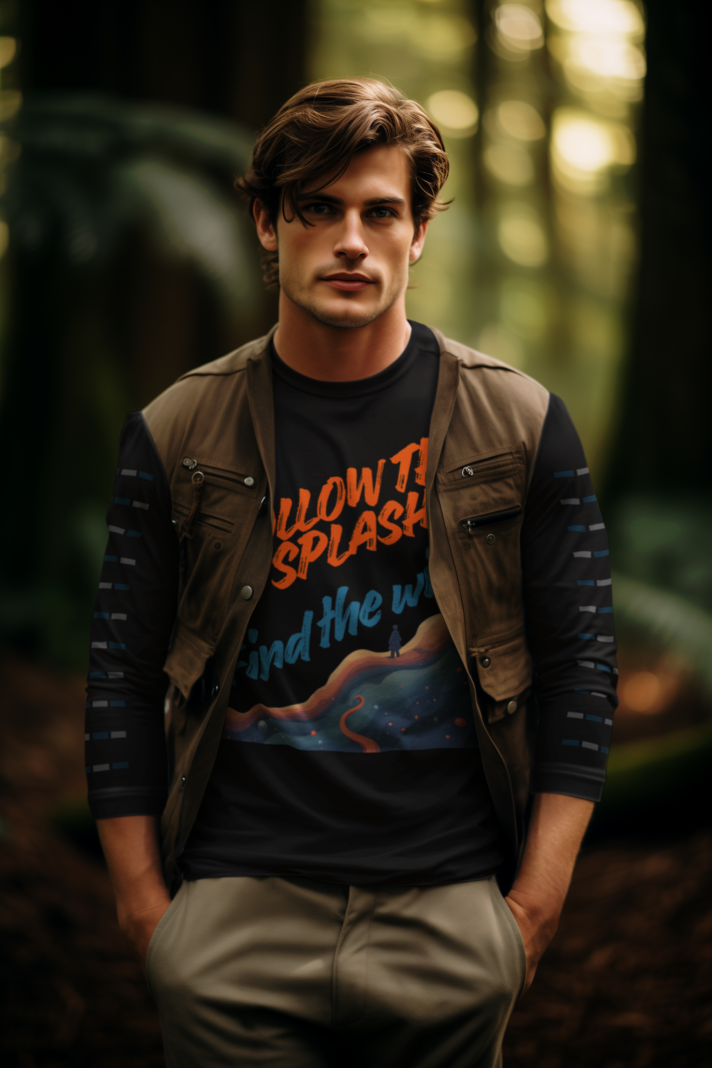 Man wearing a graphic t-shirt with text and design in a forest setting