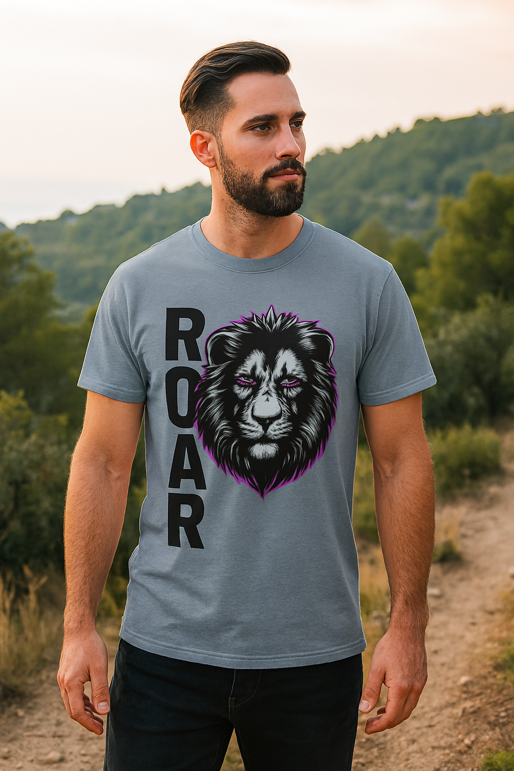 Man wearing a gray t-shirt with a lion graphic and 'ROAR' text outdoors.