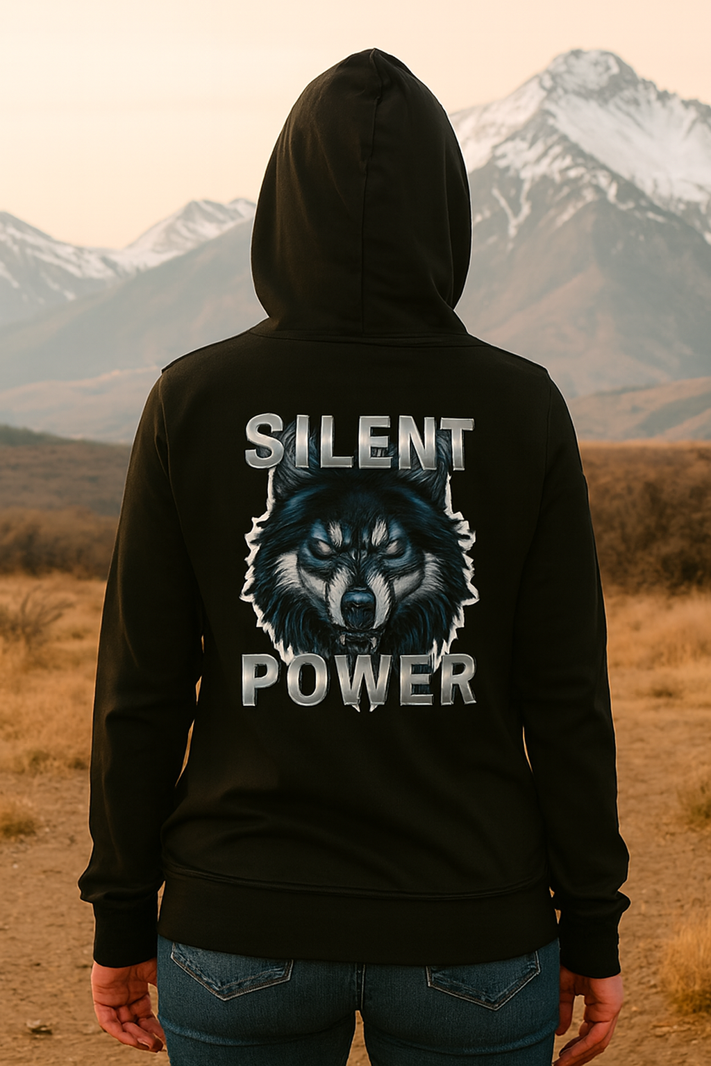 Person wearing a black hoodie with a wolf graphic and 'Silent Power' text in a mountainous landscape.