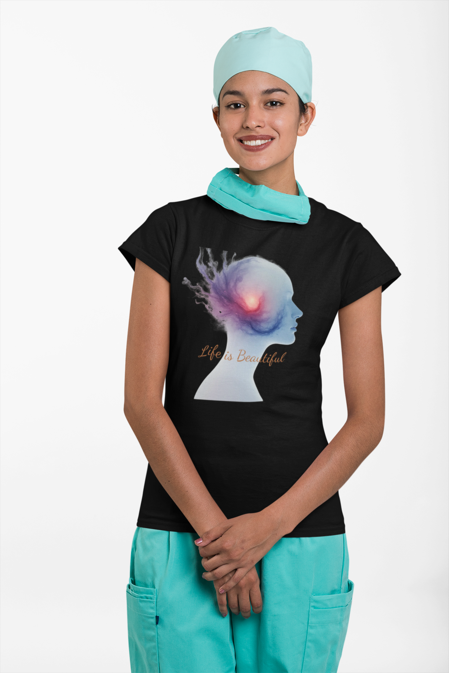 Person wearing a black t-shirt with a colorful design and text, standing against a white background.