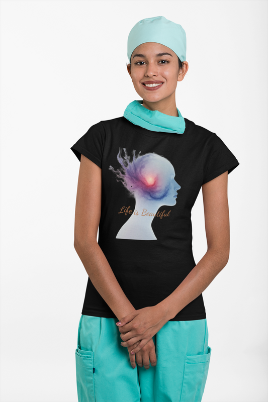 Person wearing a black t-shirt with a colorful design and text, standing against a white background.