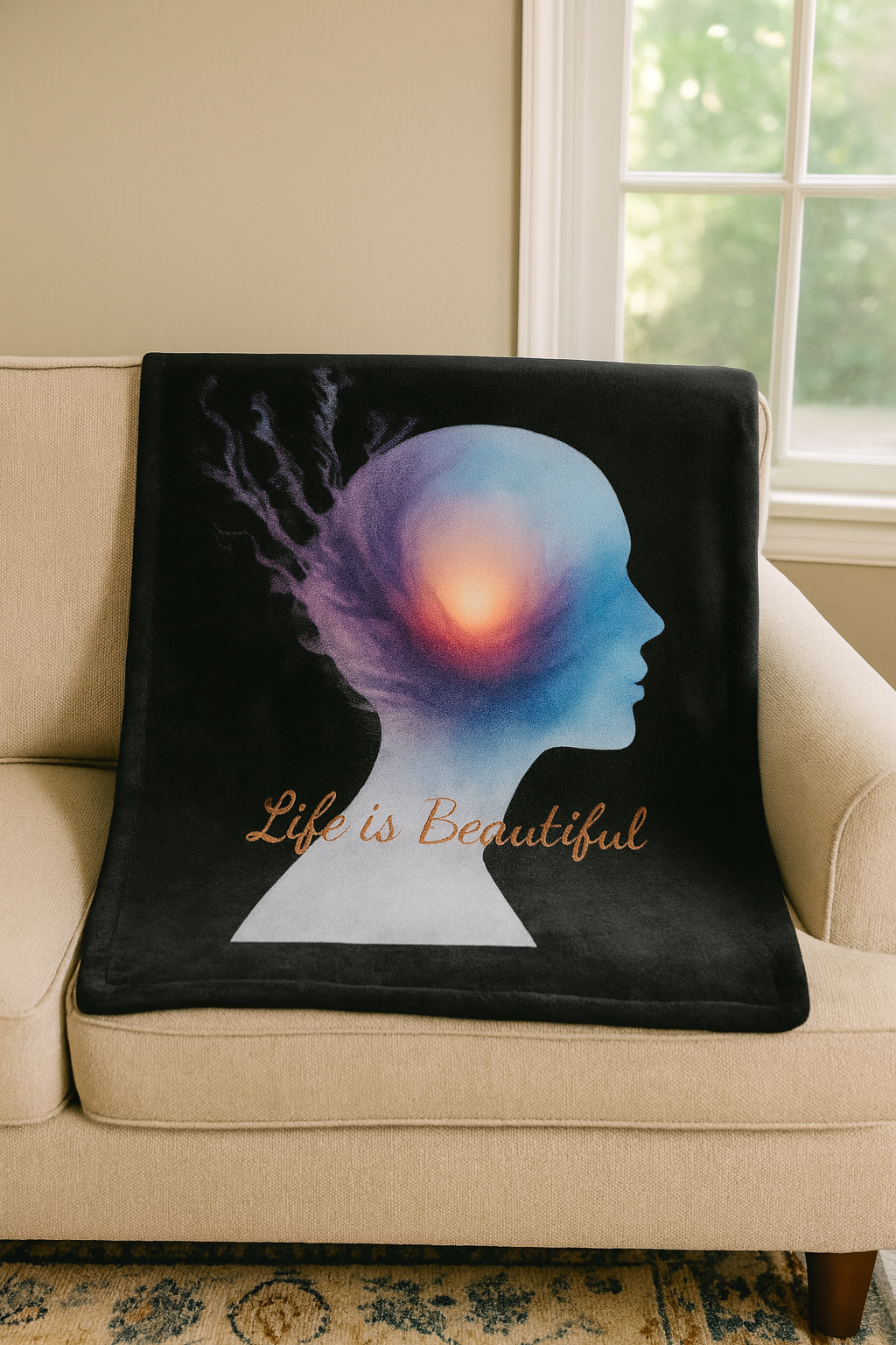 Blanket with a colorful design of a silhouette and 'Life is Beautiful' text on a beige couch.