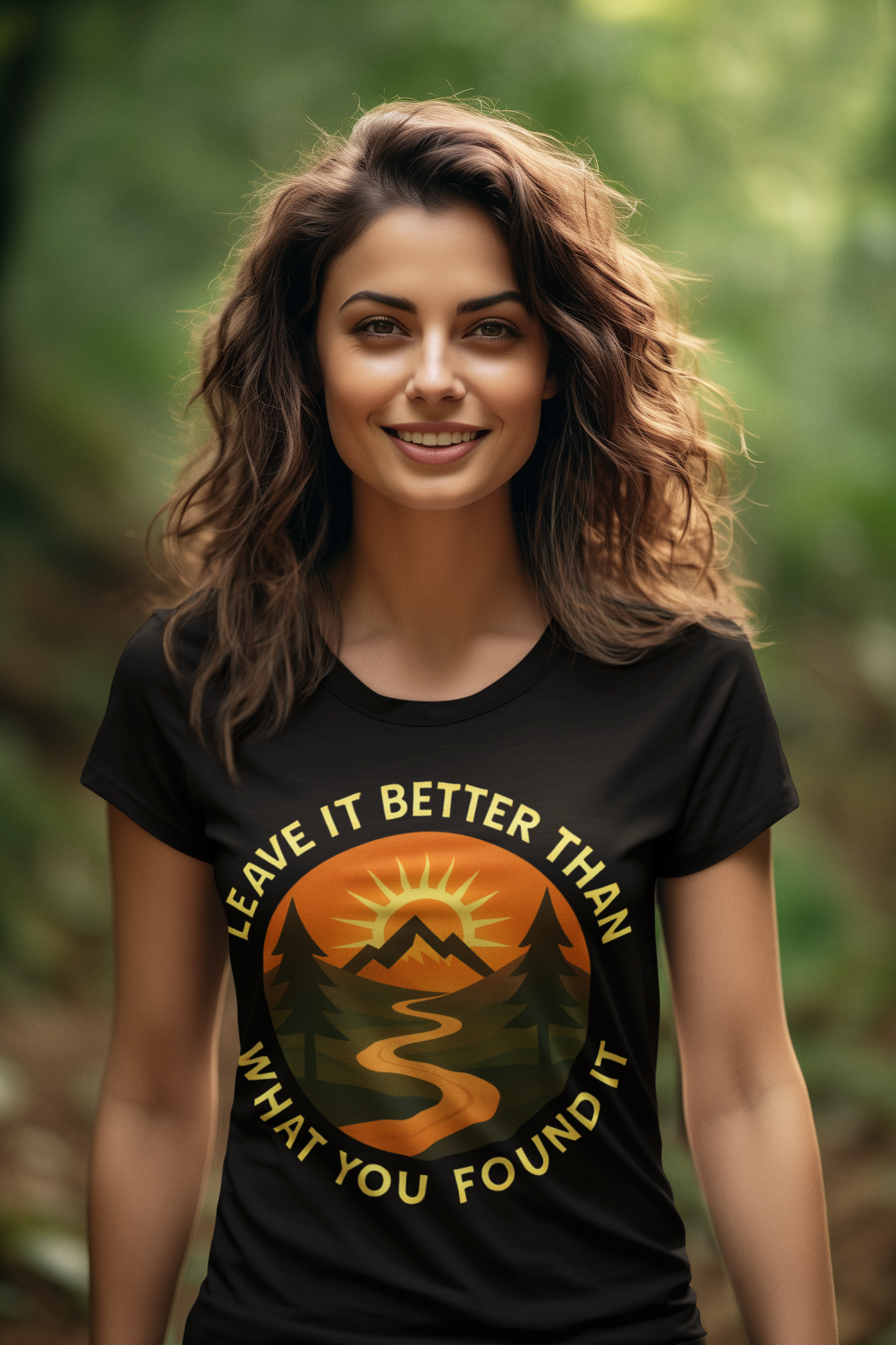 Woman wearing a black t-shirt with a motivational quote and mountain graphic in a natural setting