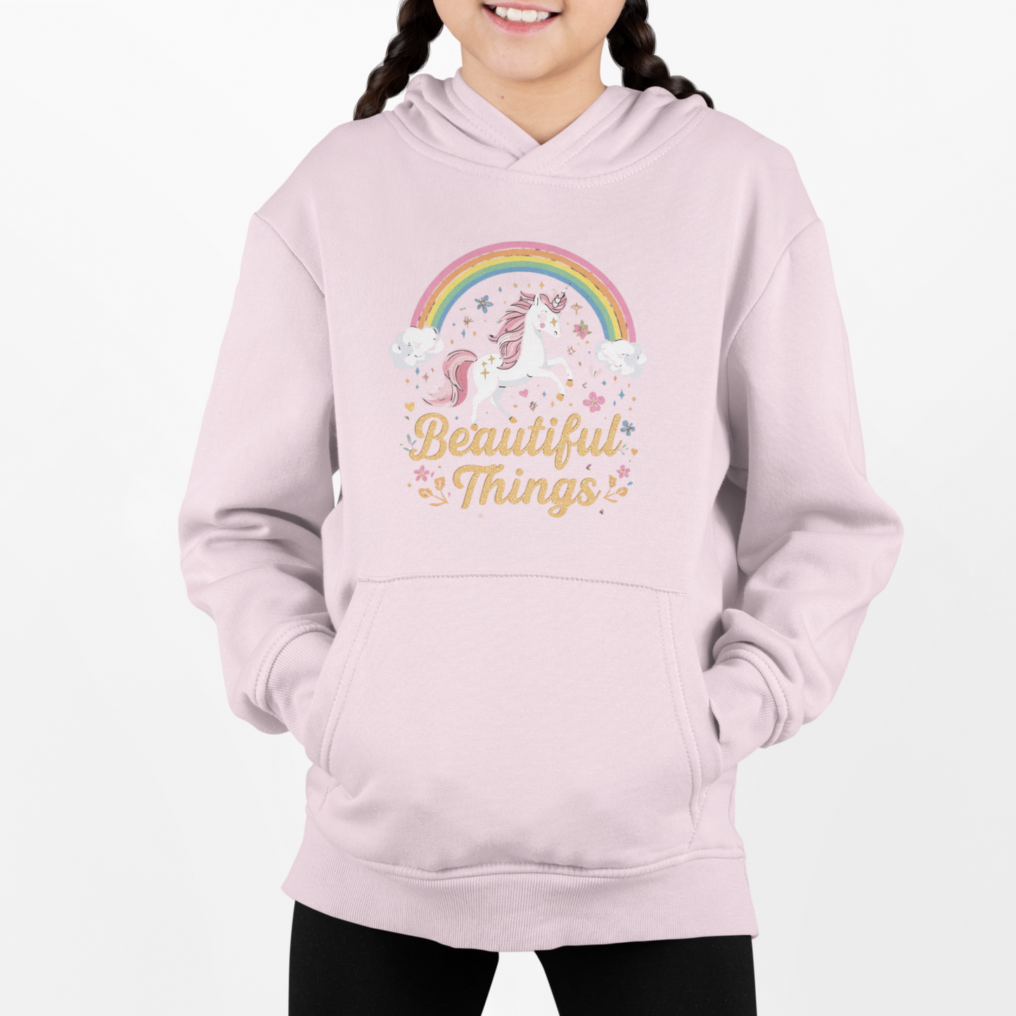 Pink hoodie with unicorn and rainbow design on a white background