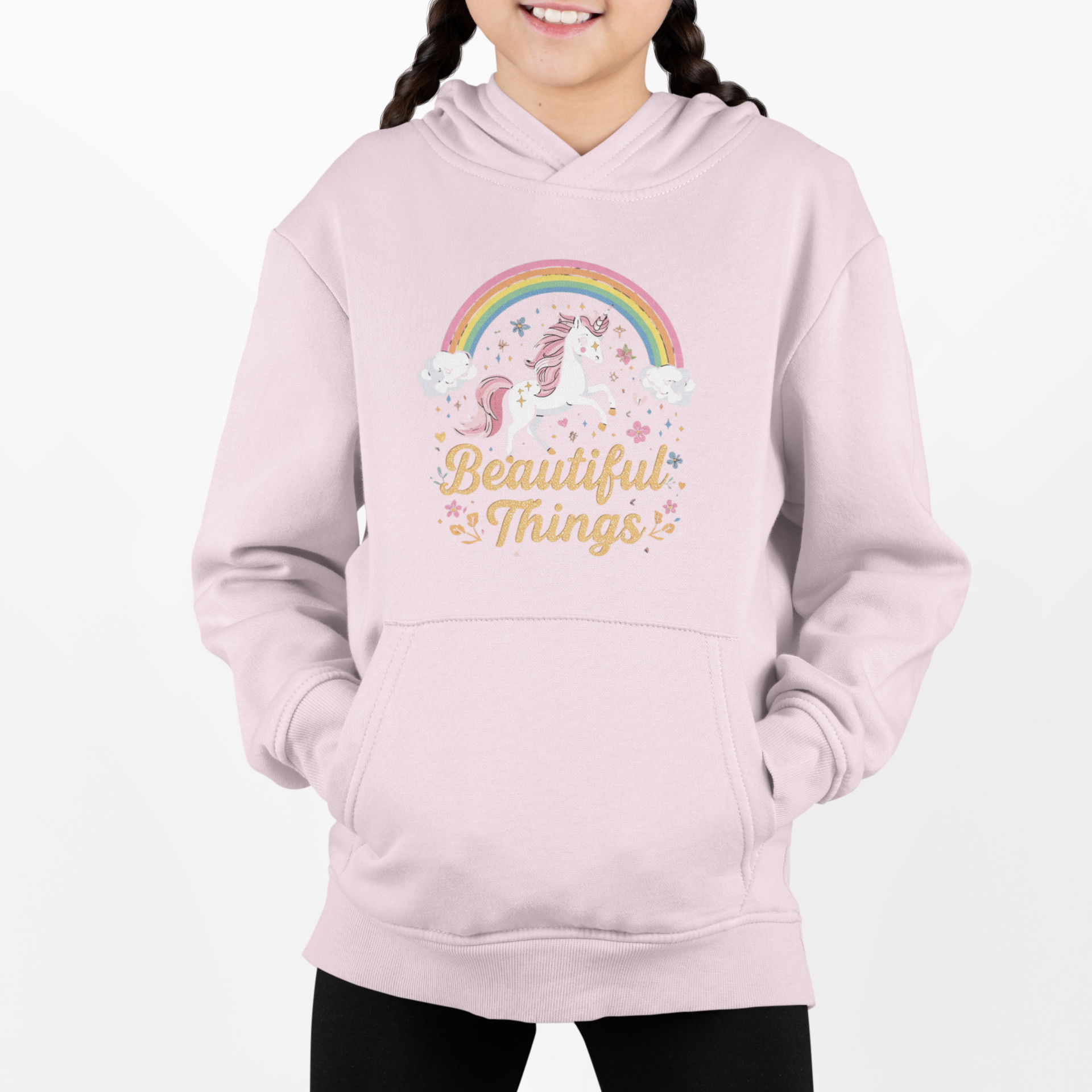 Pink hoodie with unicorn and rainbow design on a white background
