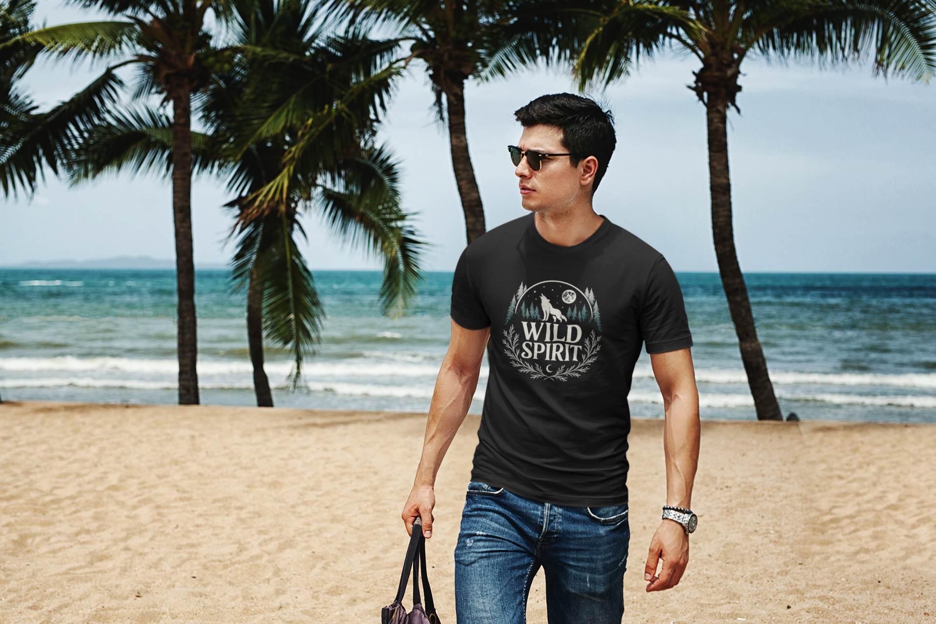 Man wearing a black t-shirt with 'Wild Spirit' design on a beach