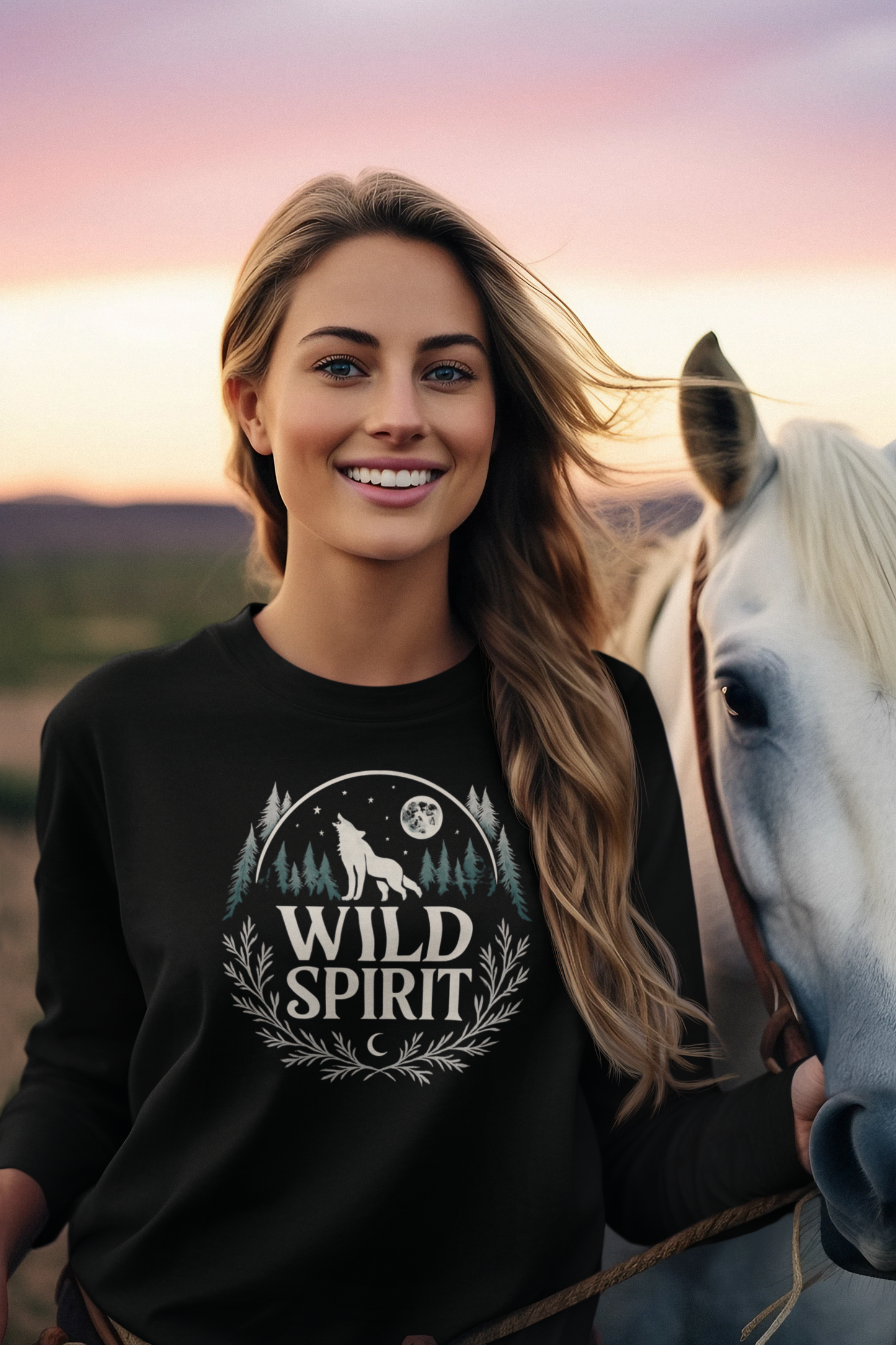 Woman wearing a black sweatshirt with 'Wild Spirit' design, standing next to a horse at sunset.