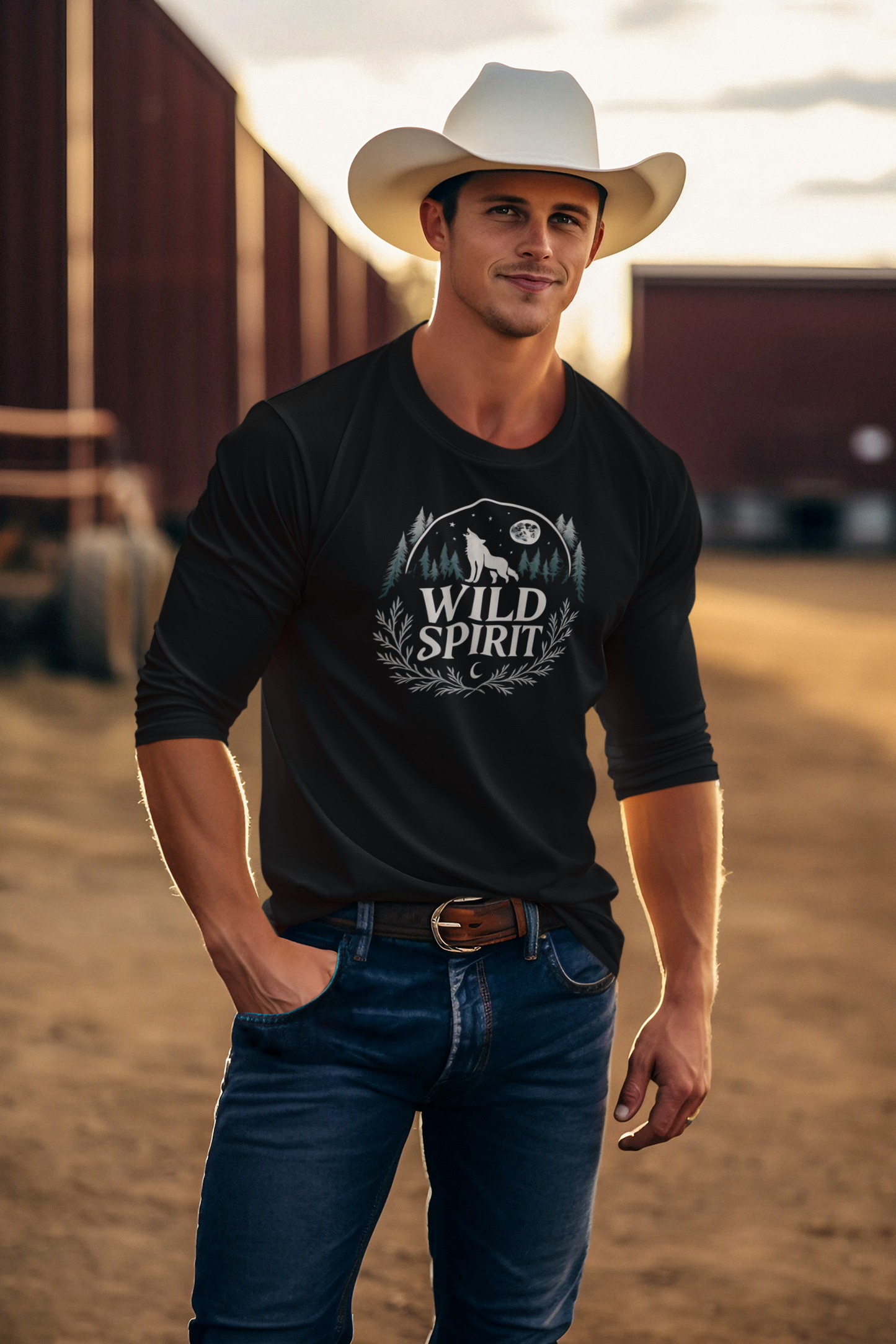 Man wearing a black t-shirt with 'Wild Spirit' design, blue jeans, and a cowboy hat in a desert setting.