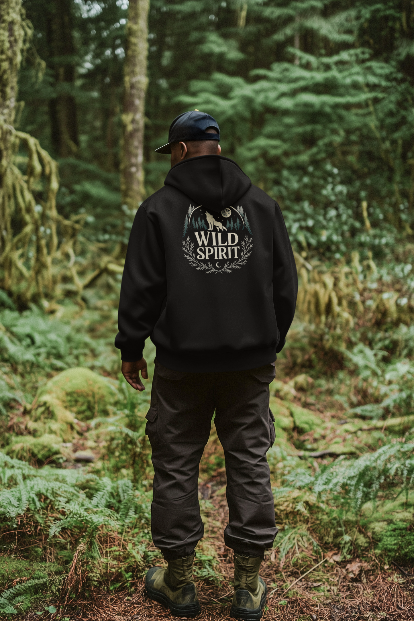 Person wearing a black hoodie with 'Wild Spirit' logo in a forest setting
