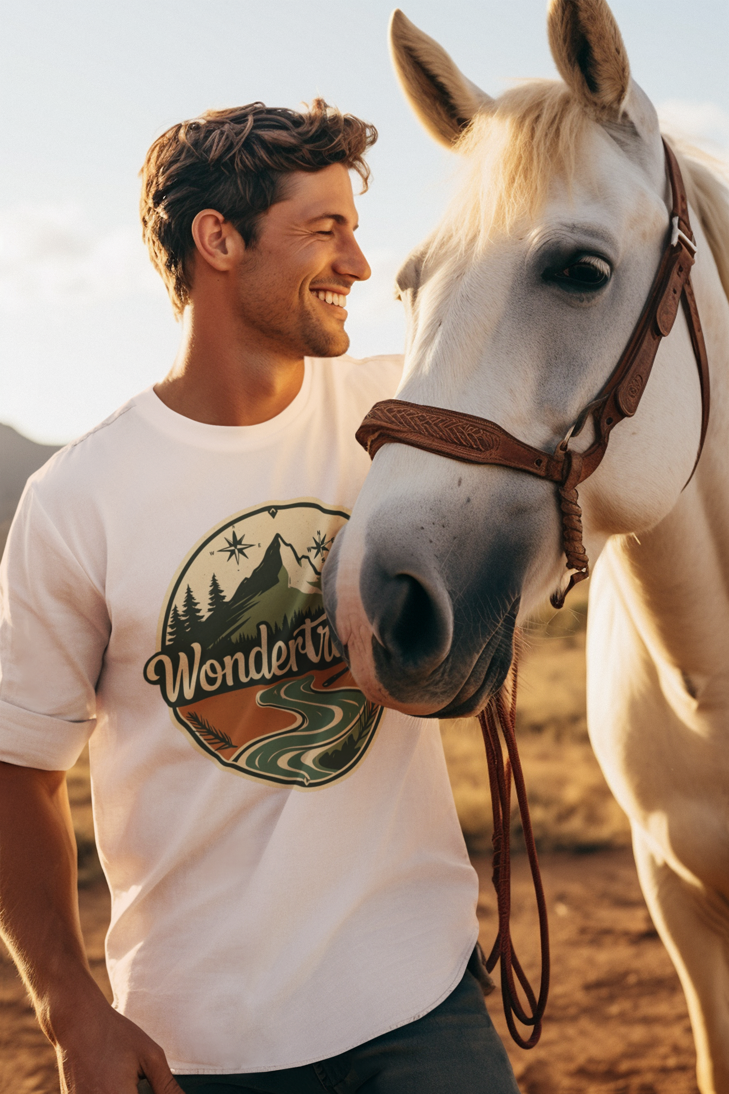 Man wearing a 'Wonderful' t-shirt standing next to a horse in a desert setting