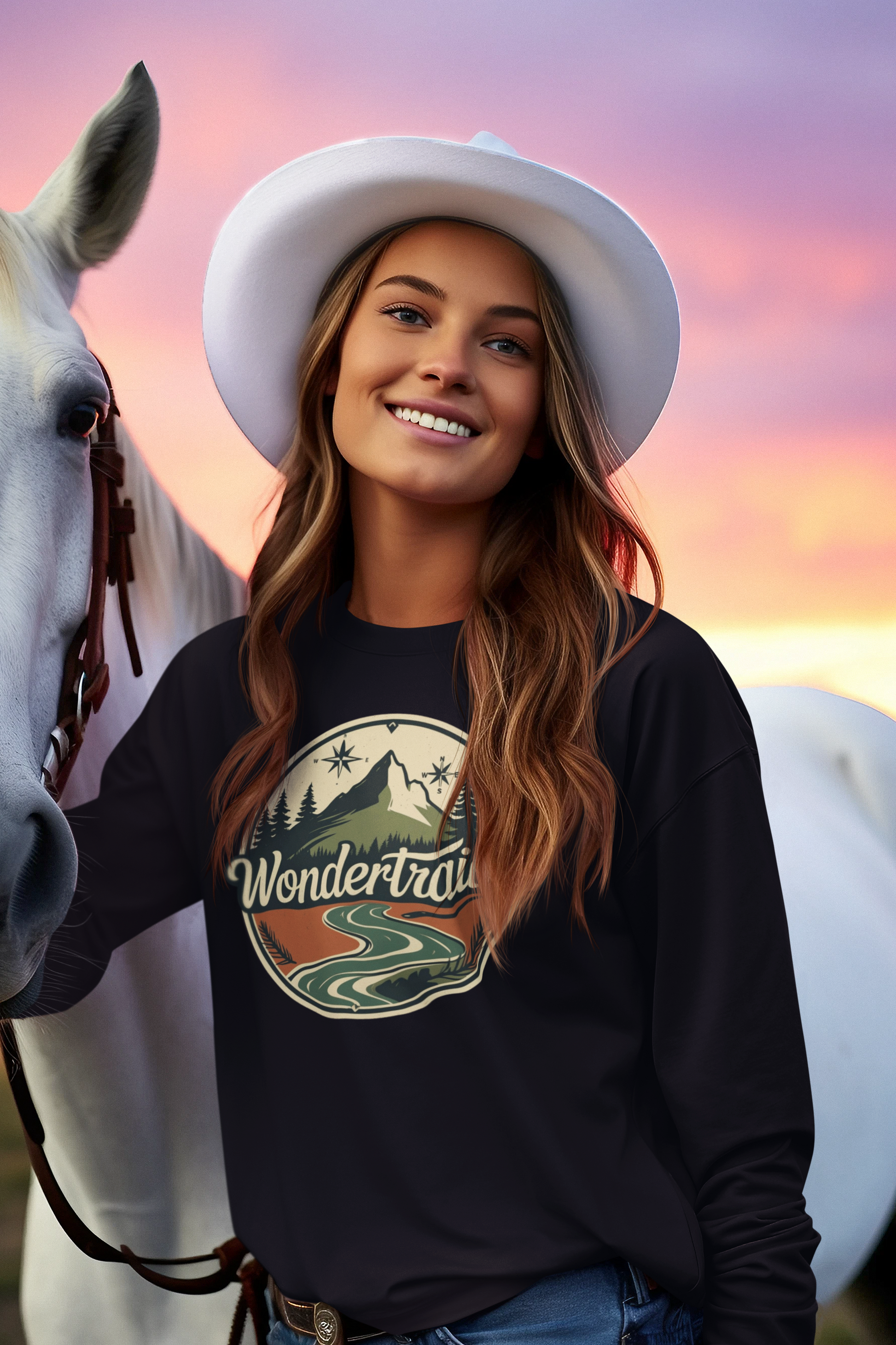 Woman wearing a black sweatshirt with a logo and text, standing next to a horse against a colorful sky.