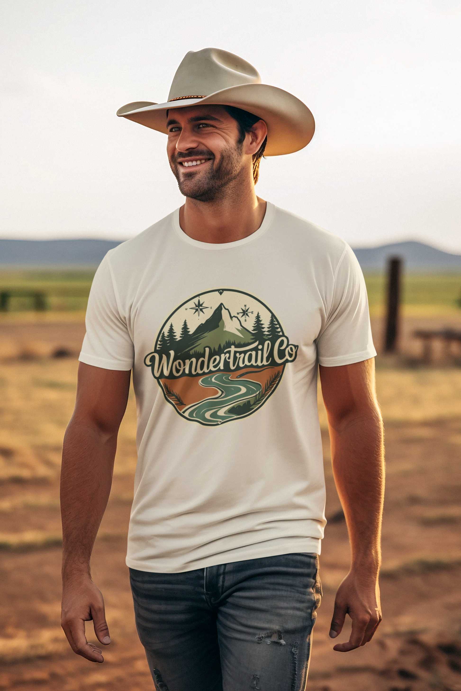 Man wearing a cowboy hat and 'Wondertrail Co' t-shirt in a desert setting