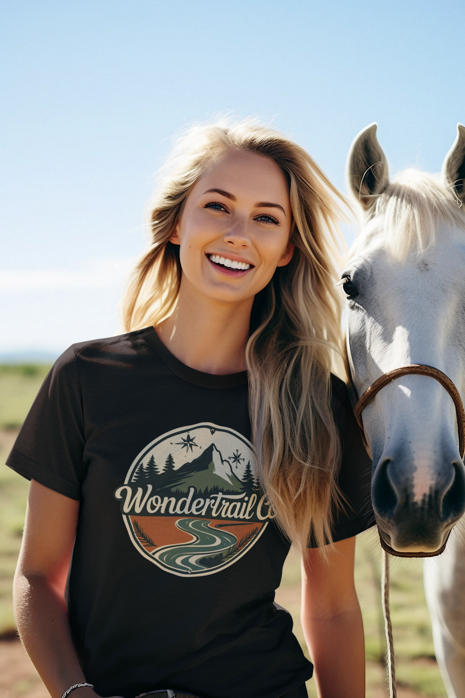 Woman wearing a black t-shirt with 'Wondertrail Co.' logo standing next to a white horse outdoors.