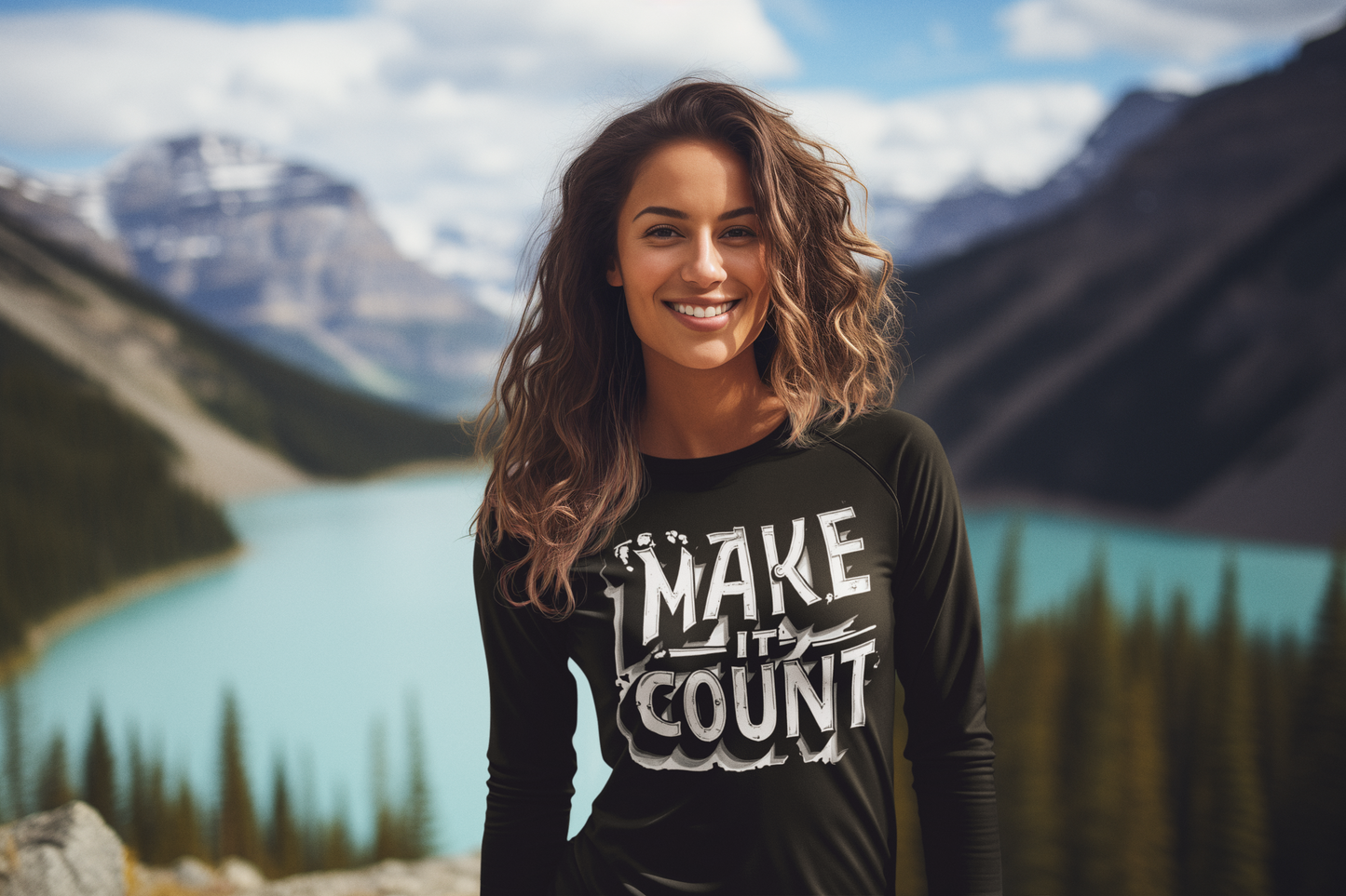 Woman wearing a black t-shirt with 'MAKE IT COUNT' text in front of a mountain lake landscape