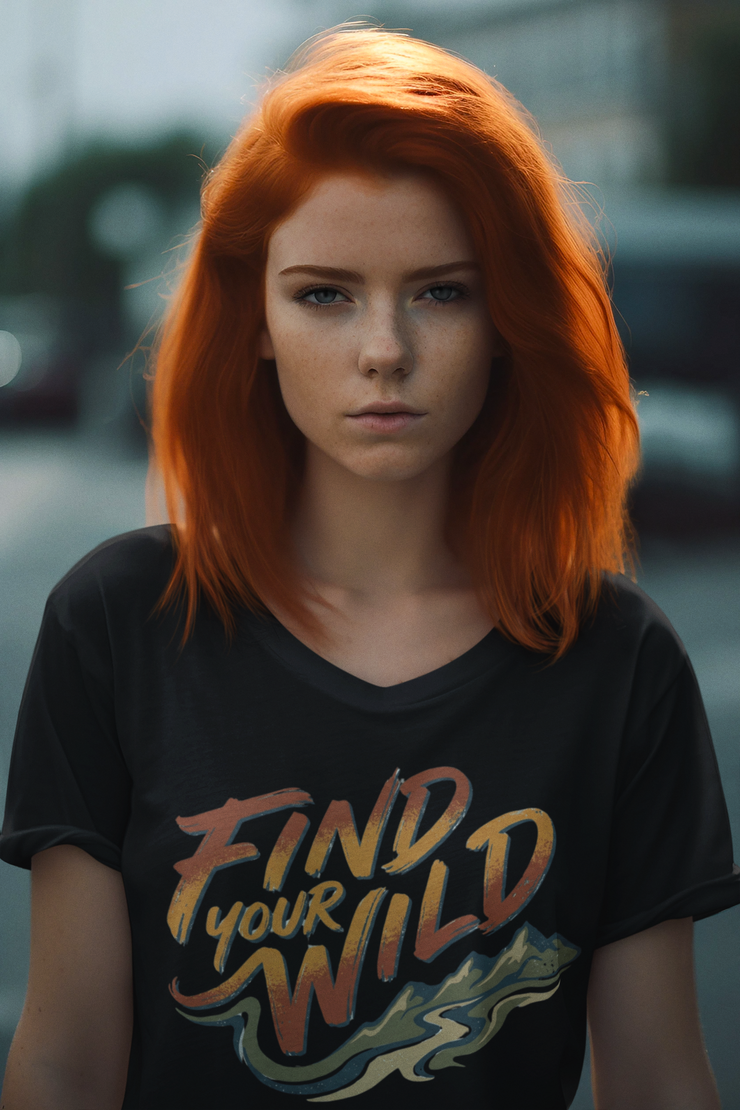 Person with orange hair wearing a black t-shirt with 'Find Your Wild' text.