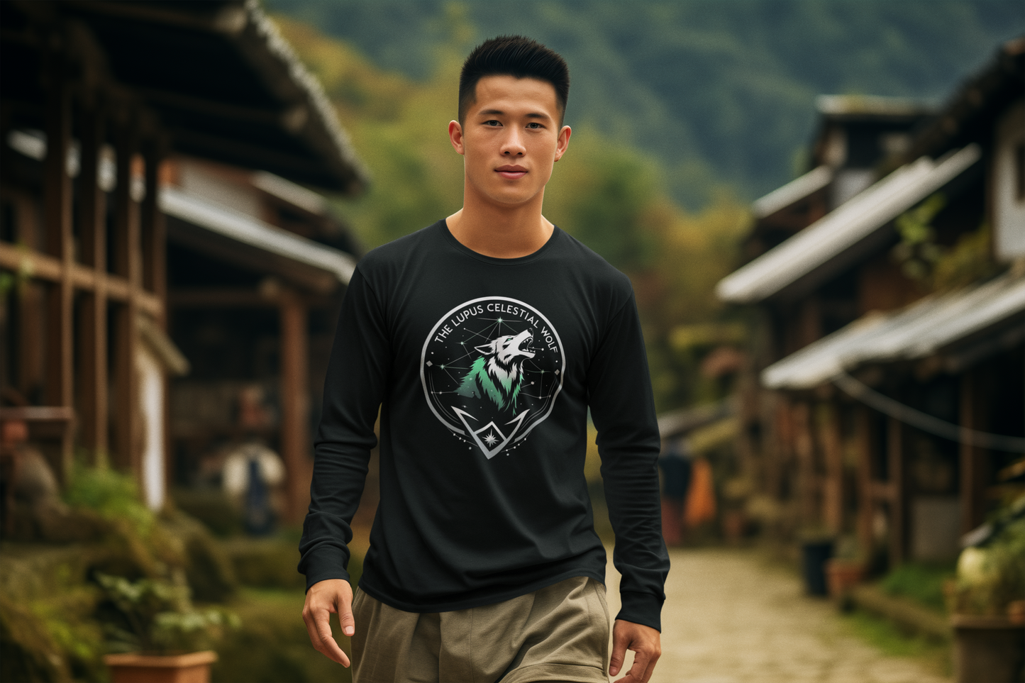 Man wearing a black t-shirt with a logo in a village setting