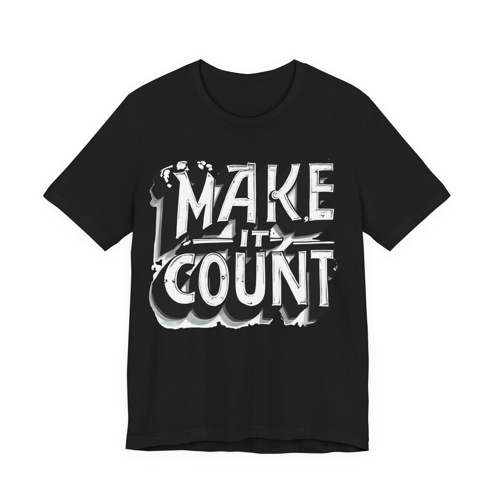 Black t-shirt with 'MAKE IT COUNT' text on a white background