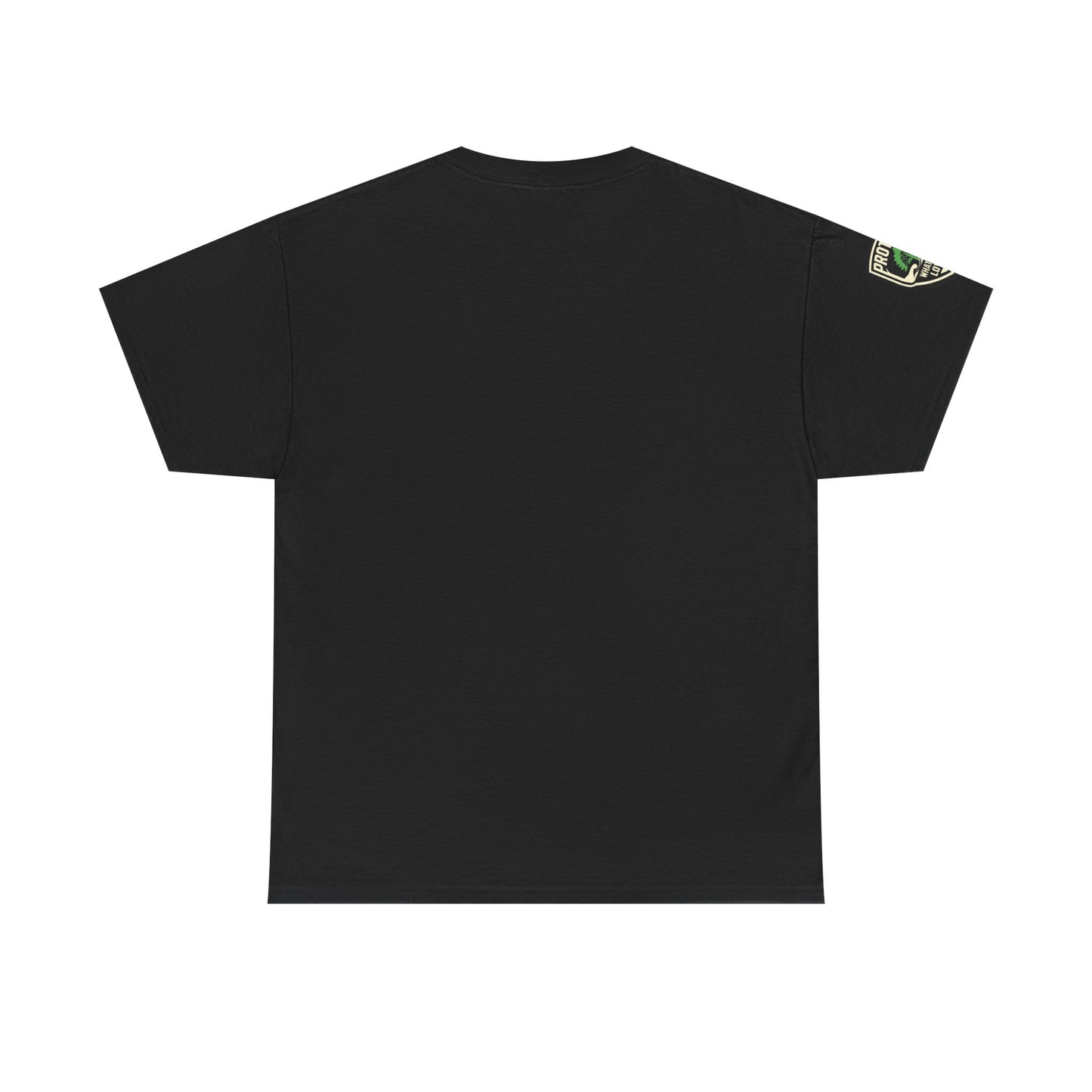 Black t-shirt with a small green and white logo on the sleeve against a white background