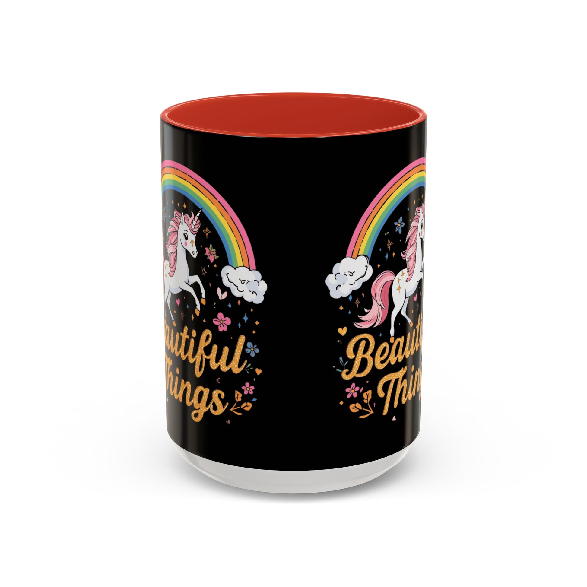 Black mug with unicorn and rainbow design, red interior, and 'Beautiful Things' text.