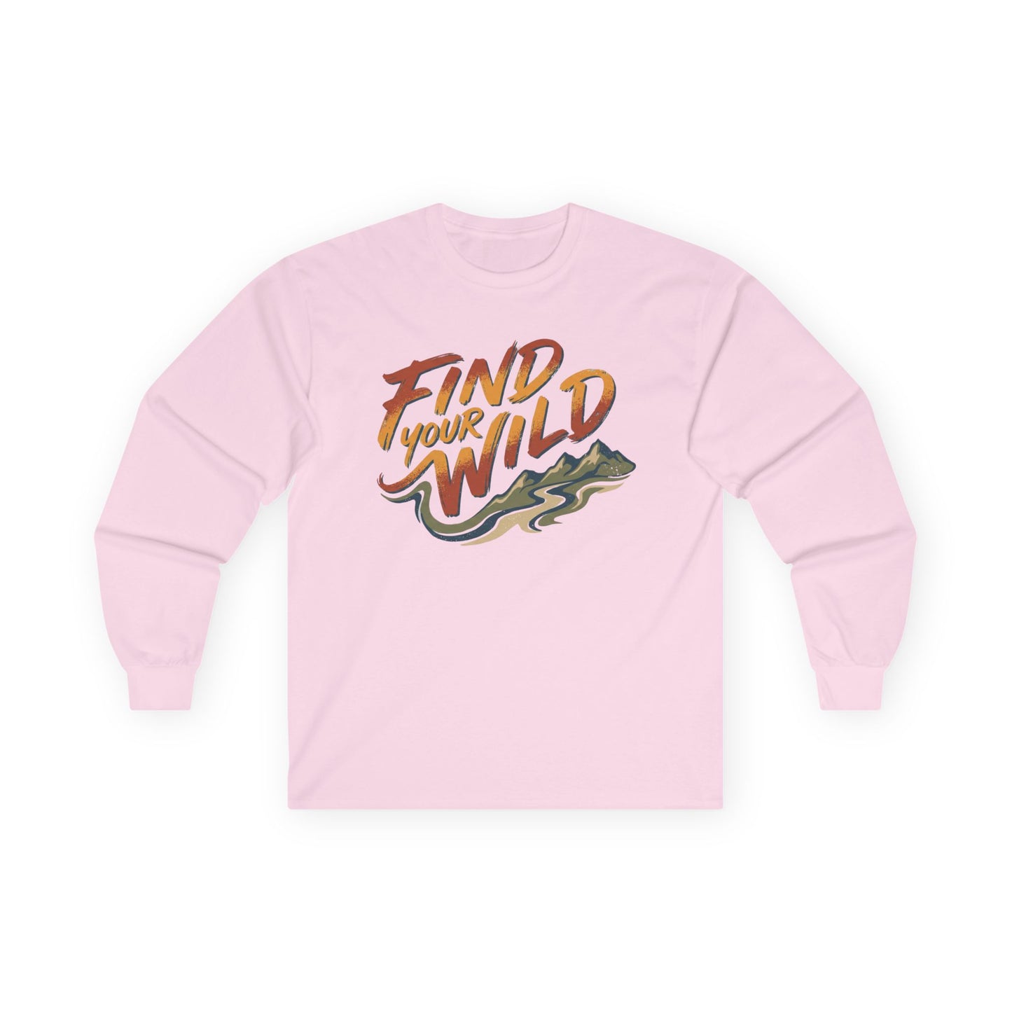 Pink sweatshirt with 'Find Your Wild' text and graphic on a white background