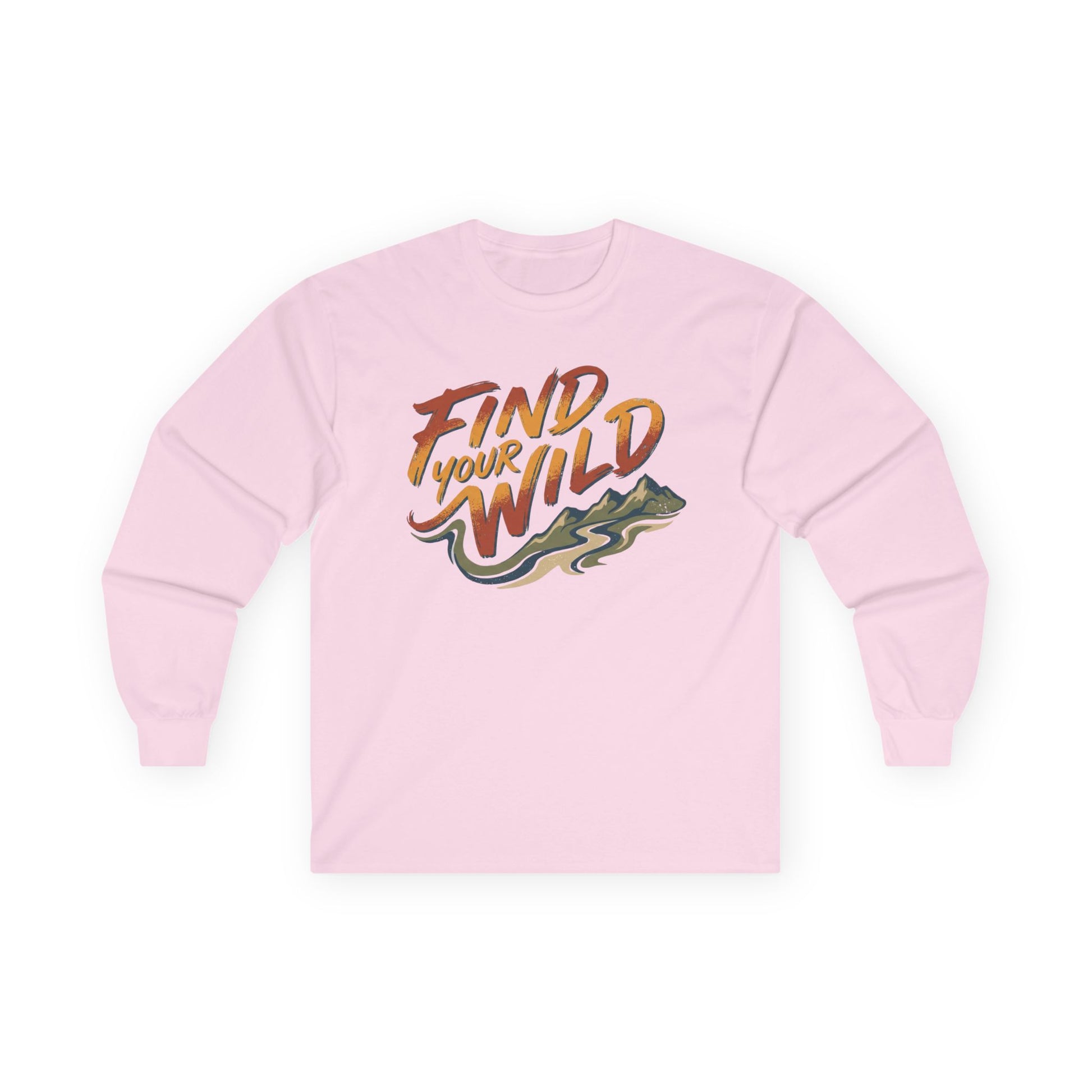 Pink sweatshirt with 'Find Your Wild' text and graphic on a white background