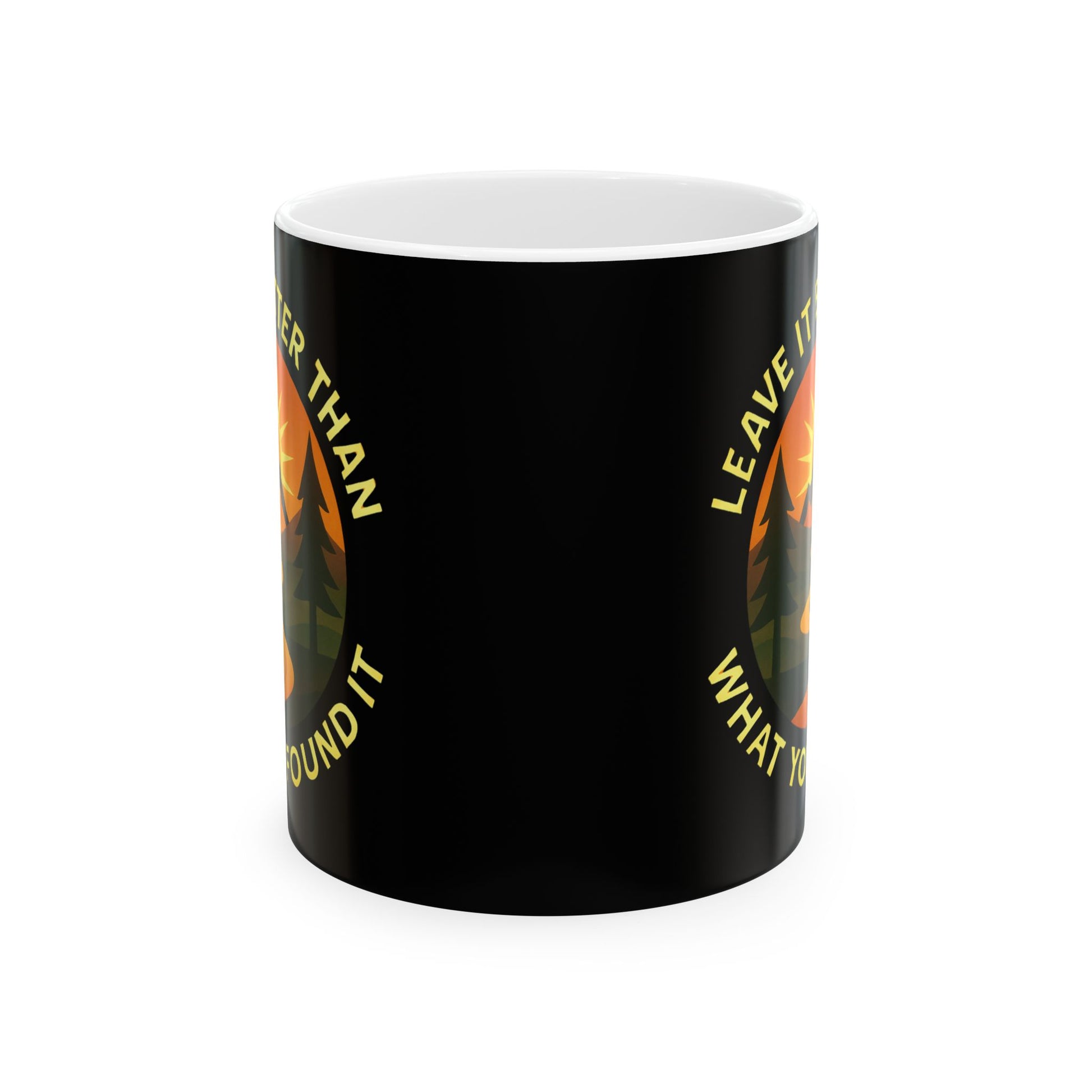 Black mug with yellow text on a white background