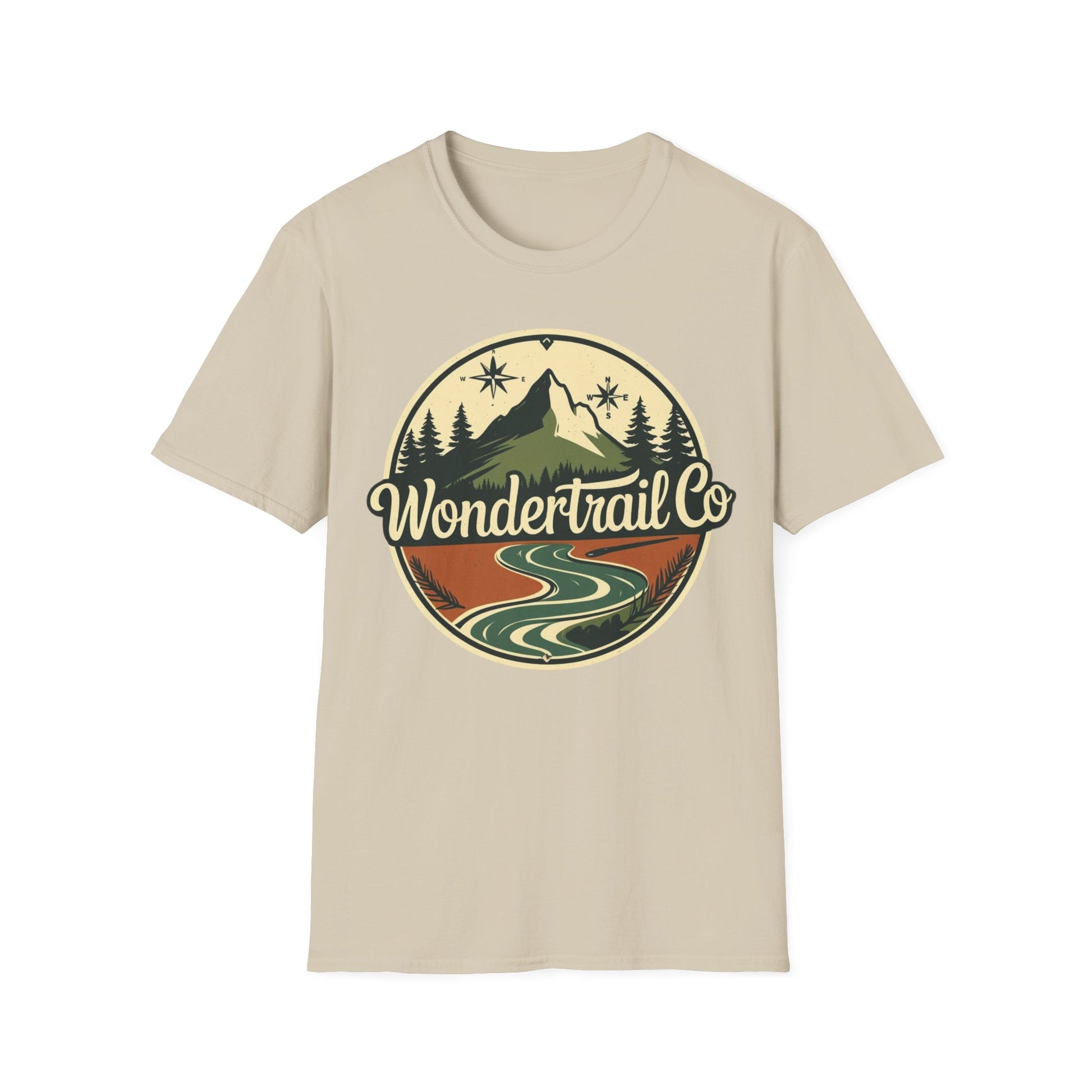 Beige t-shirt with 'Wondertrail Co' graphic design on a white background