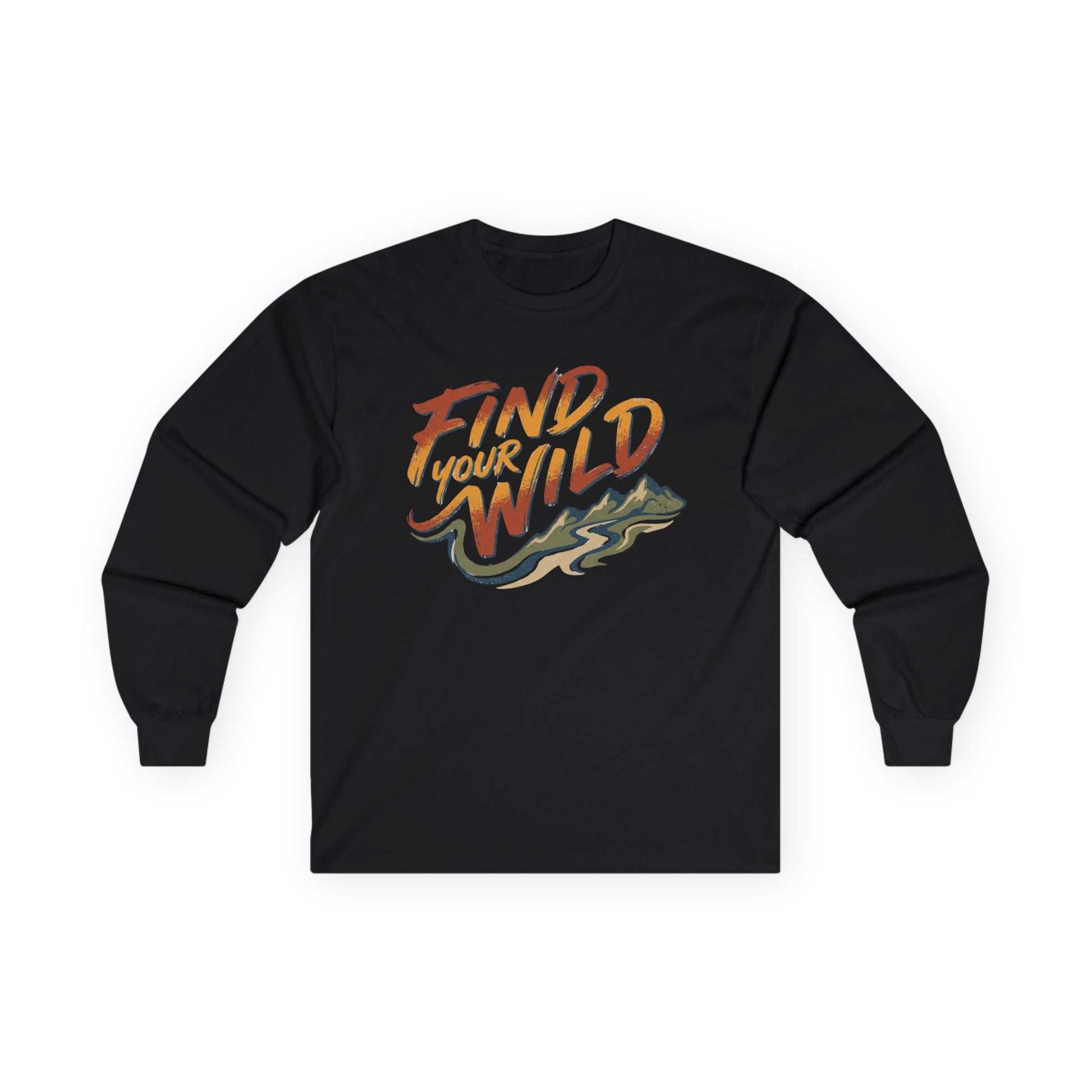 Black long-sleeve shirt with 'Find Your Wild' text and graphic on a white background