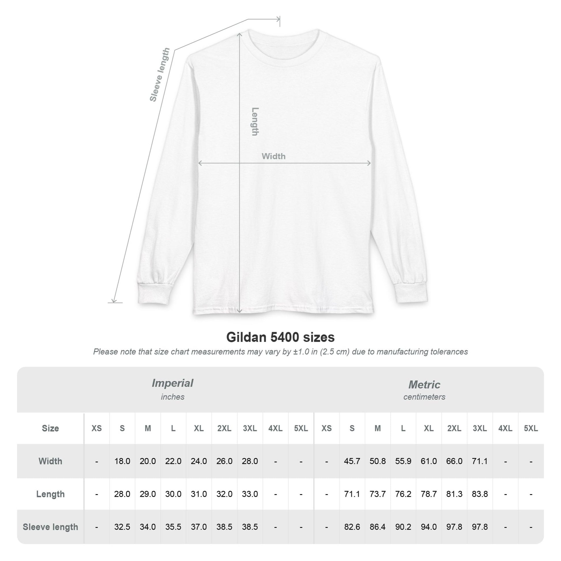 Measurement chart for Gildan 5400 shirts with size chart and dimensions.
