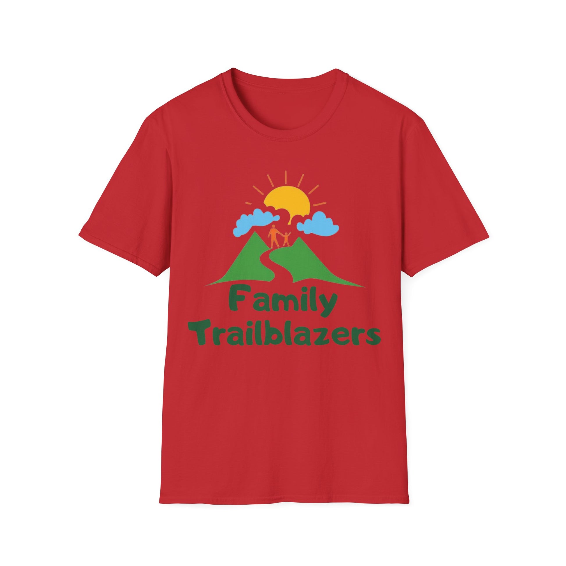 Red t-shirt with 'Family Trailblazers' graphic design on a white background
