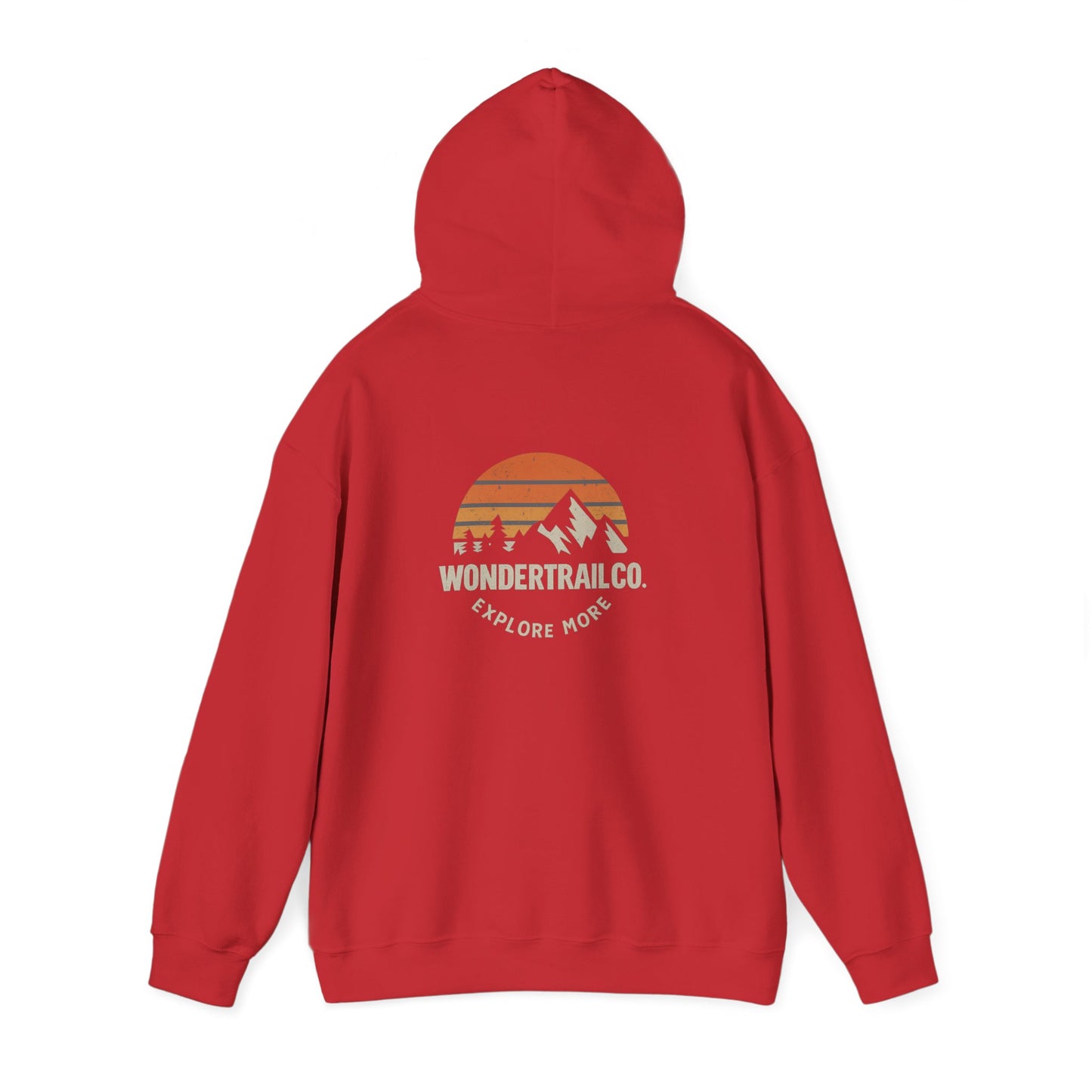 Red hoodie with a graphic design on the back on a white background