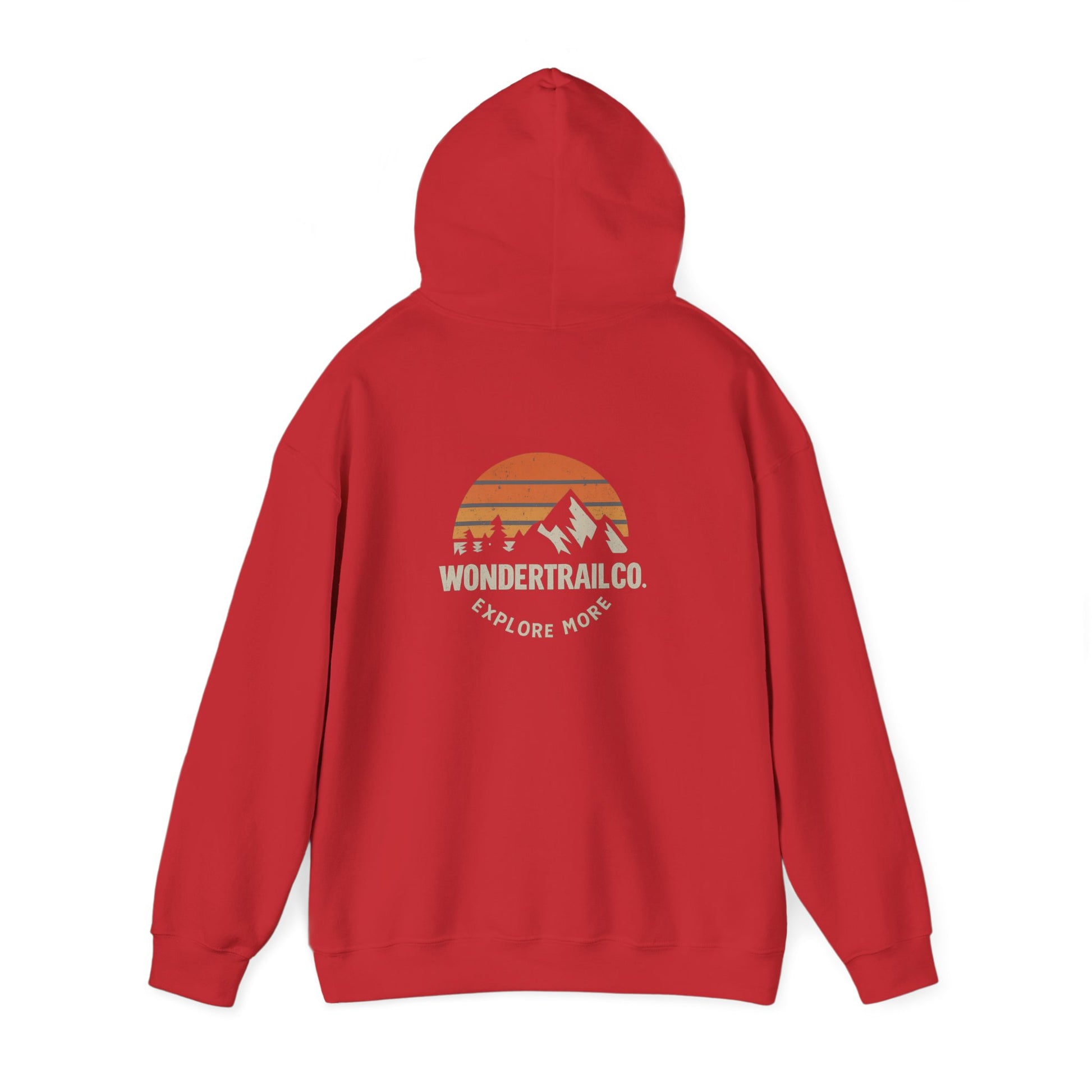 Red hoodie with a graphic design on the back on a white background
