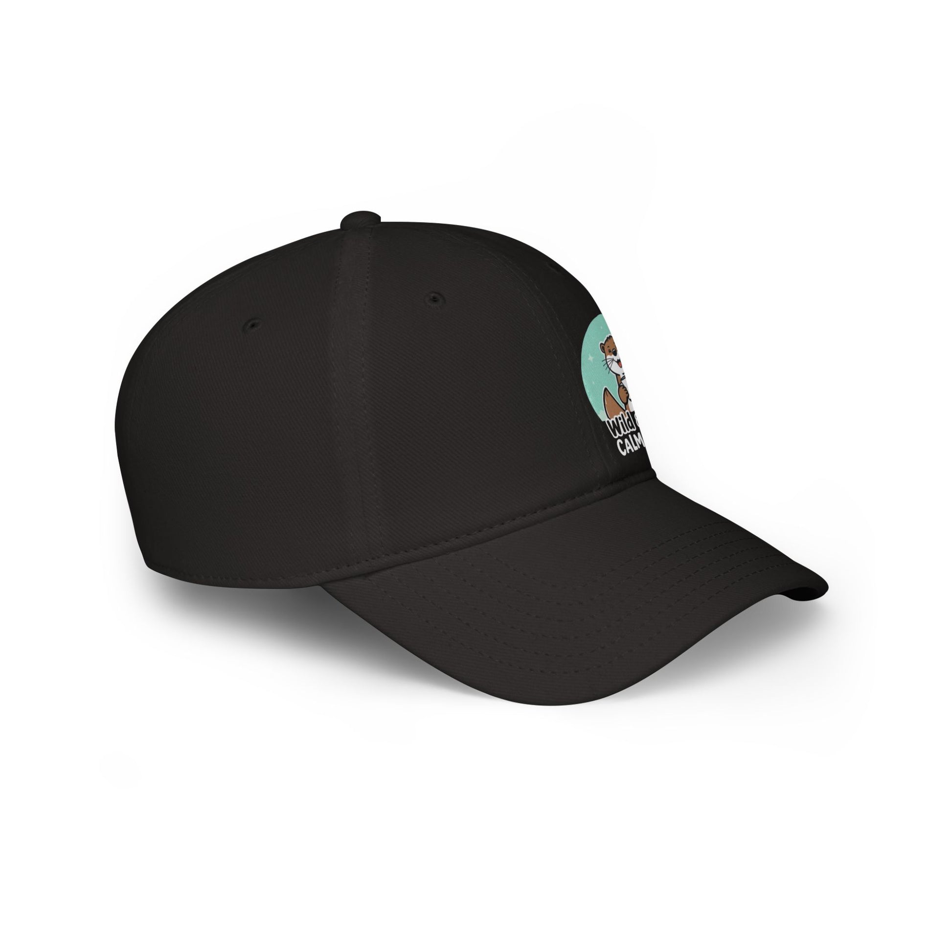 Black cap with a small logo on the side against a white background