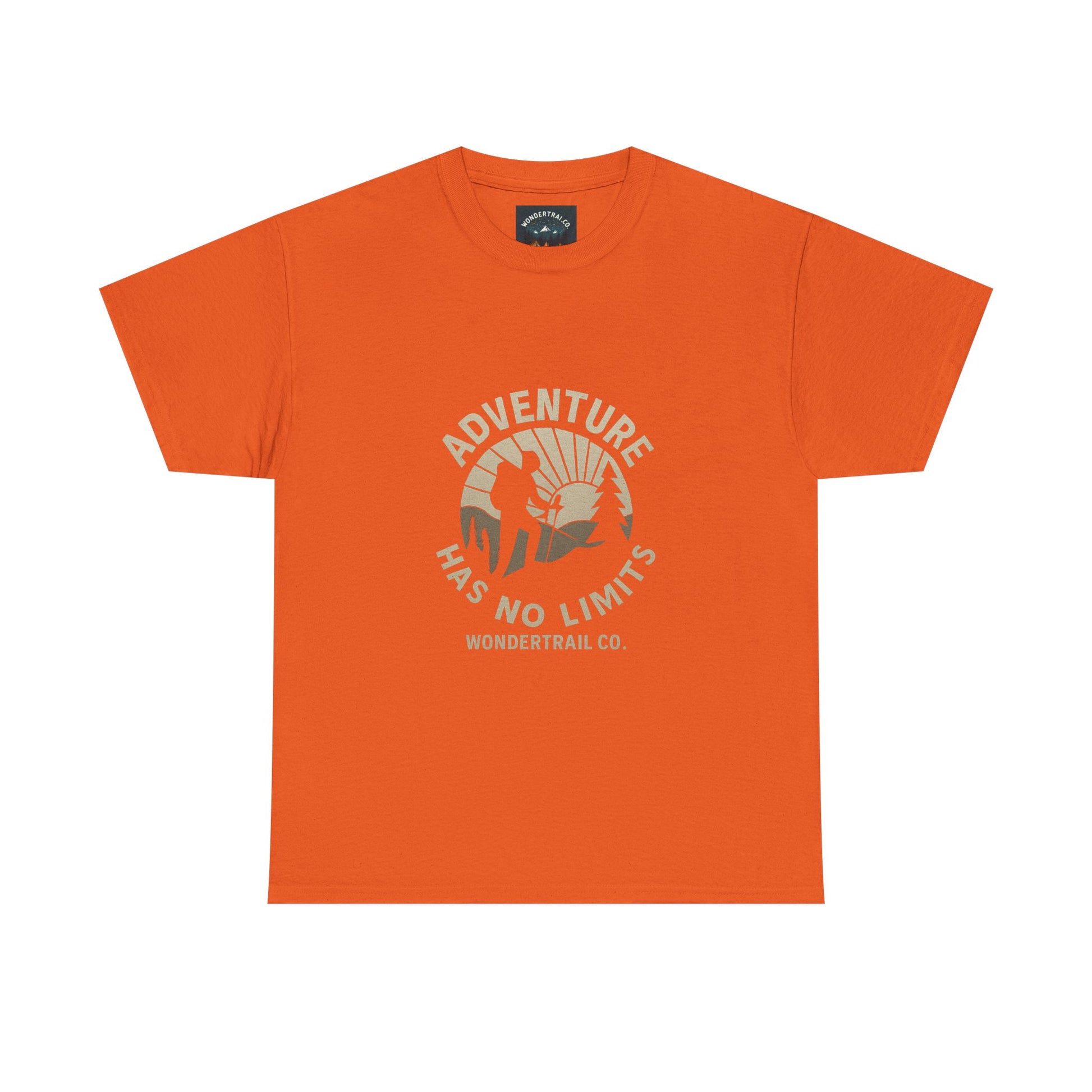 Orange t-shirt with 'Adventure Has No Limits' graphic on a white background